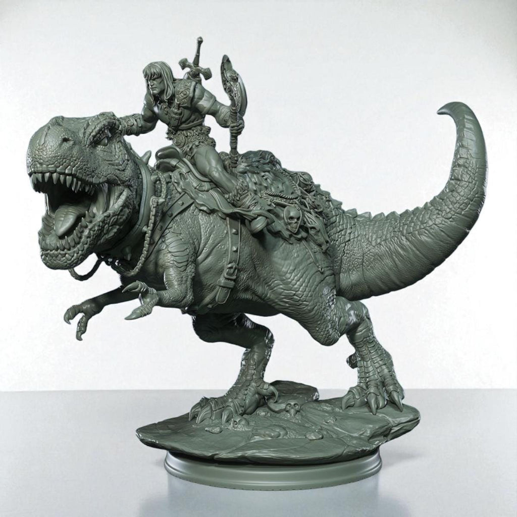 Intricately sculpted miniature of a fierce warrior riding a heavily armored dinosaur, wielding a sword and shield atop a dynamic rocky base, perfect for fantasy tabletop or display collections.
