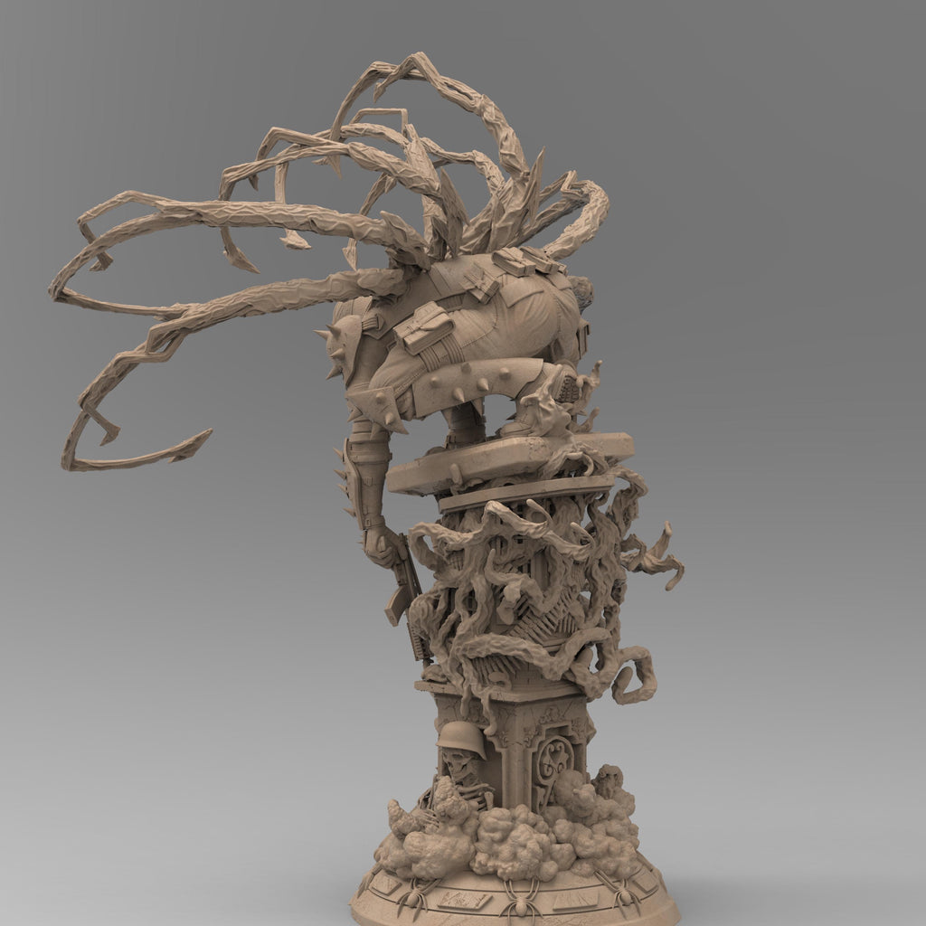 A detailed statue of Venom Agent, posed menacingly atop a chaotic, textured base filled with weaponry and skeletal remains. The figure is covered in spiked armor, with tendrils extending from the back, creating a dynamic and powerful stance.