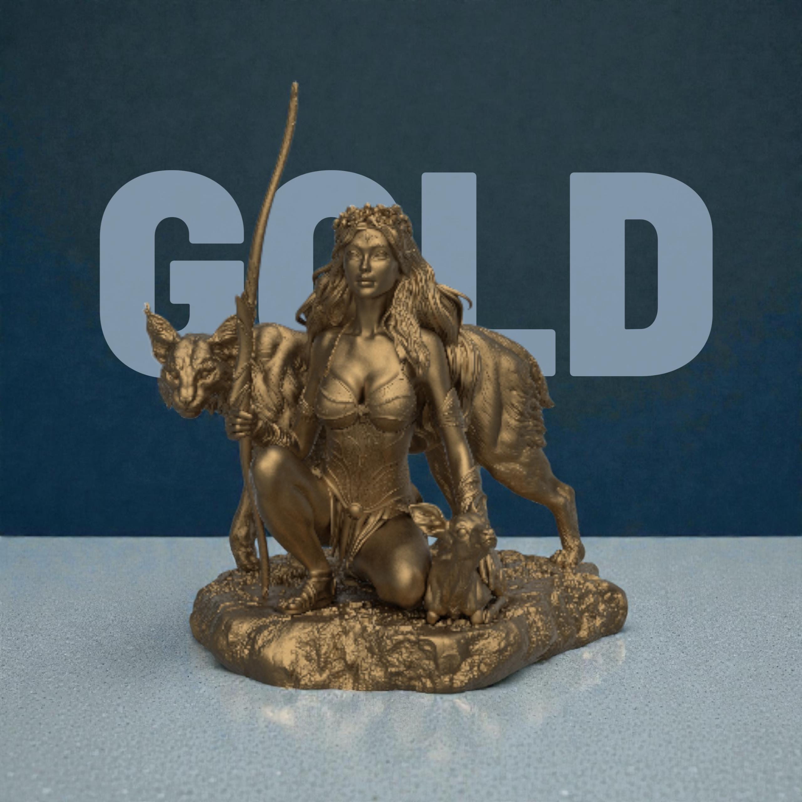 3D-printed Artemis figurine featuring a kneeling huntress goddess holding a staff, accompanied by a large wild cat and a small deer. The sculpt showcases flowing hair, detailed armor, and a natural rocky base, capturing the mythological figure’s serene yet powerful presence.