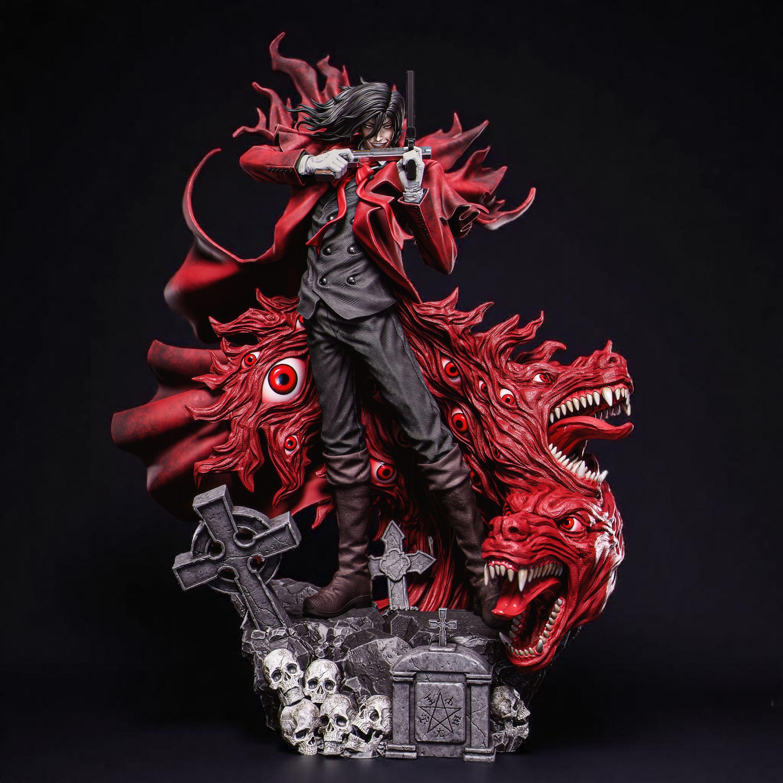 Highly detailed 3D-printed Alucard figurine, depicting a dark, vampire-like warrior in a red coat wielding dual pistols. The figure stands atop a gothic base adorned with skulls and gravestones, surrounded by swirling red demonic energy and snarling beast heads, capturing a dramatic and supernatural atmosphere.