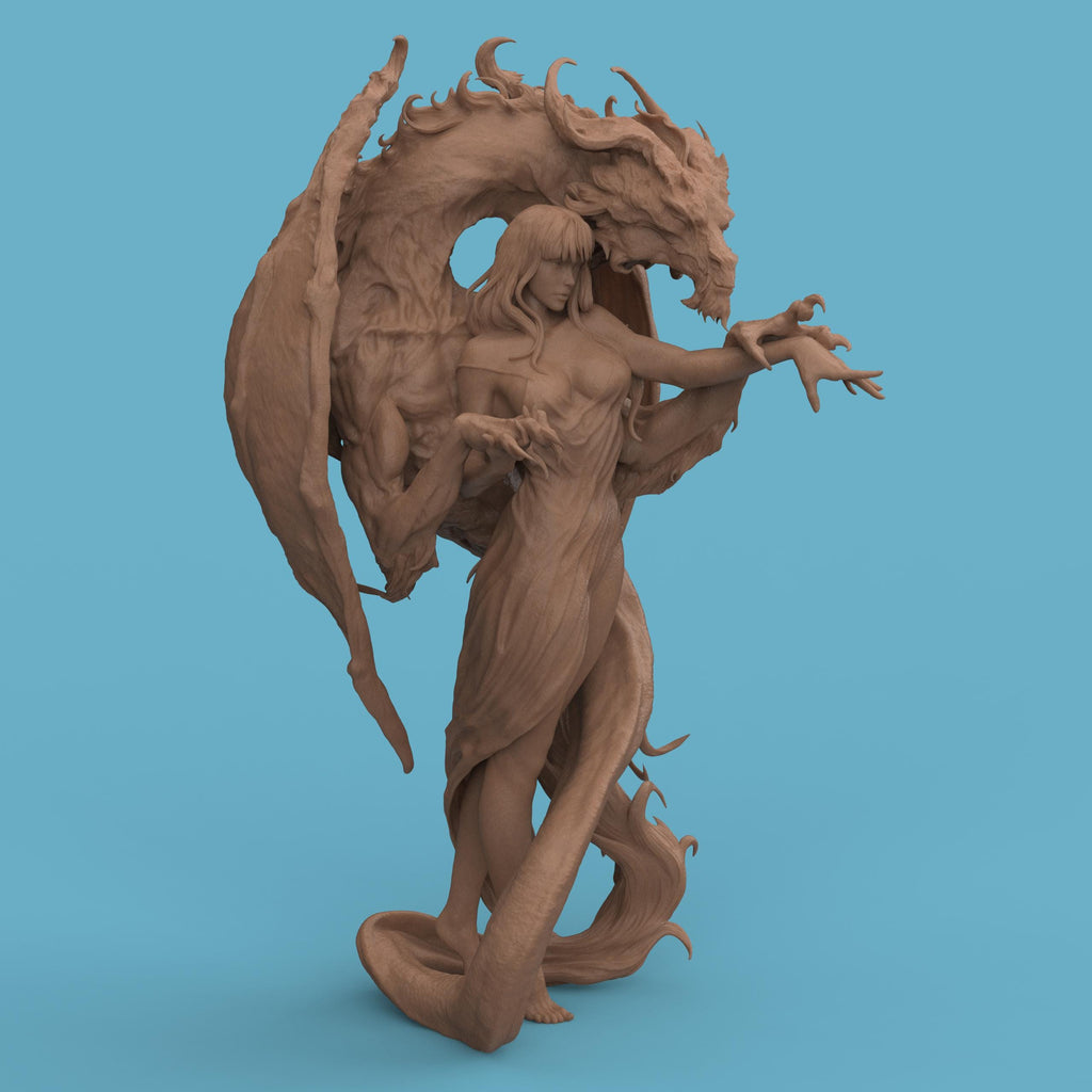 3D-printed Dragon Lady figurine featuring an elegant woman entwined with a majestic dragon. The sculpture blends beauty and power, with intricate textures on the dragon’s wings and scales, and flowing details in the woman’s hair and dress — a captivating fantasy centerpiece symbolizing harmony between strength and grace.