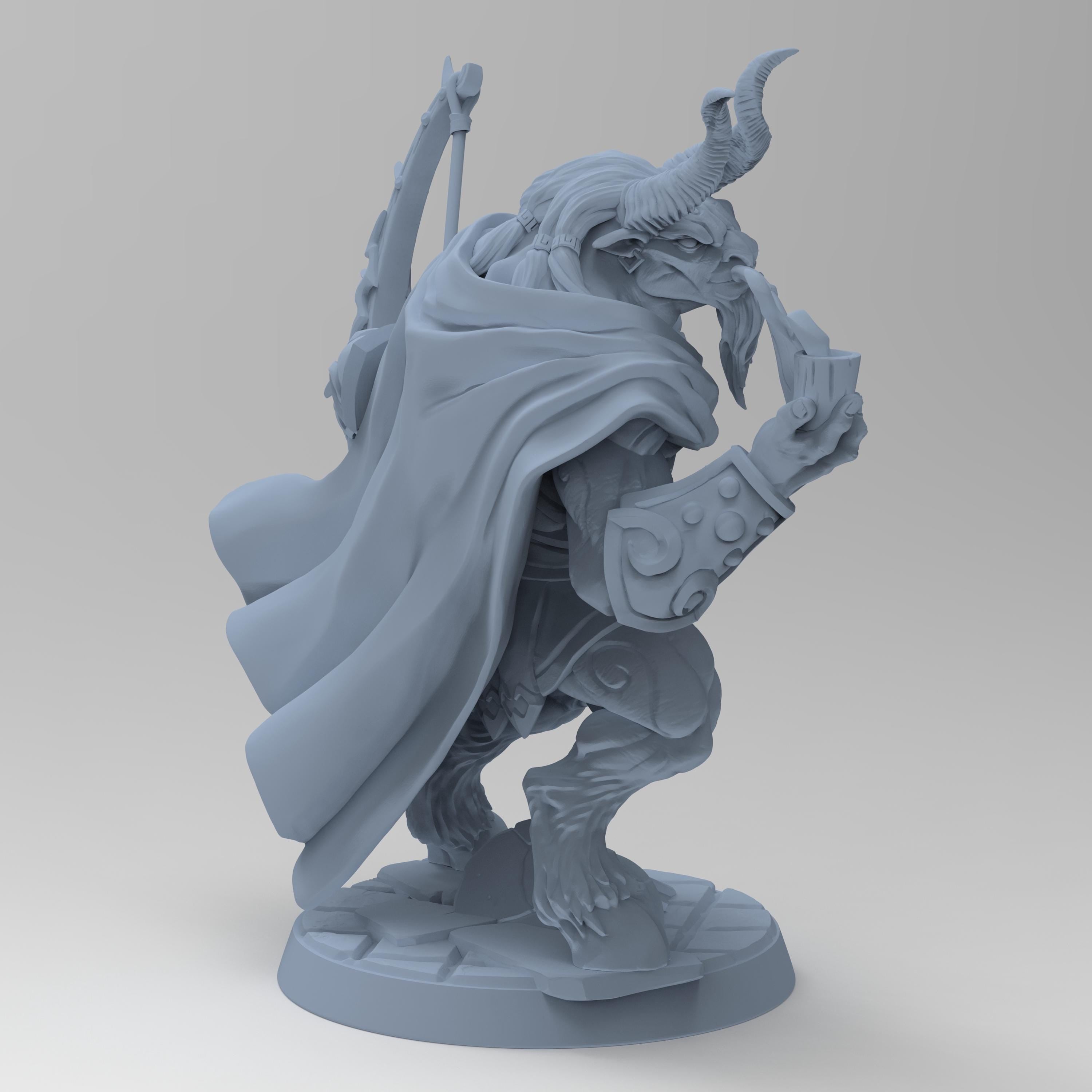 Arkos, the horned archer, strikes a pose with his ornate bow in one hand and a pipe in the other. Clad in ancient armor with a flowing cape, he stands over a broken helm, exuding calm dominance and mythic strength. A perfect fantasy tabletop hero.