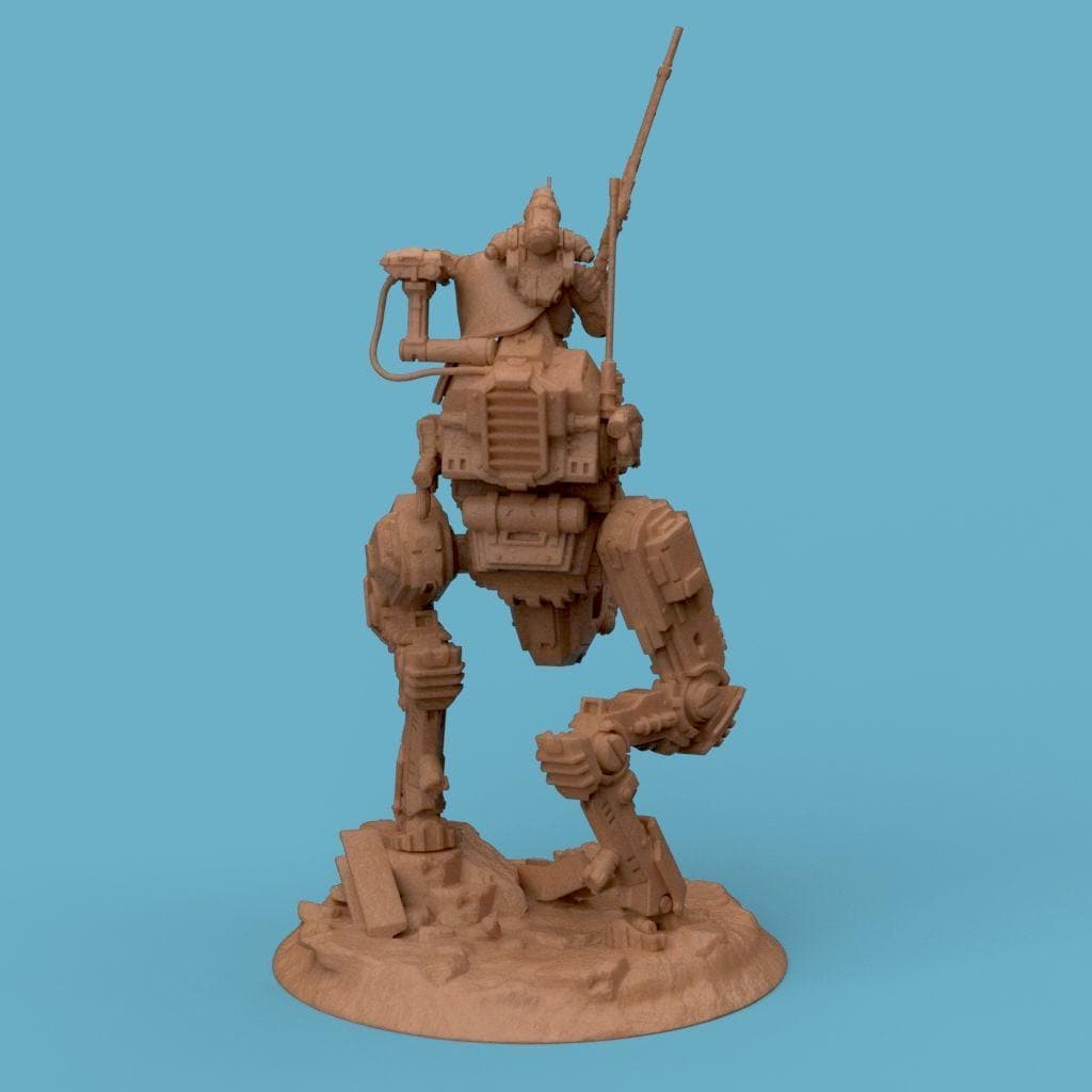 3D-printed model of the Vendetta Deathmark, featuring a futuristic mech walker piloted by armored soldiers. The detailed design includes mechanical limbs, weapon mounts, and a rugged battlefield base, perfect for sci-fi collectors and tabletop gaming enthusiasts.