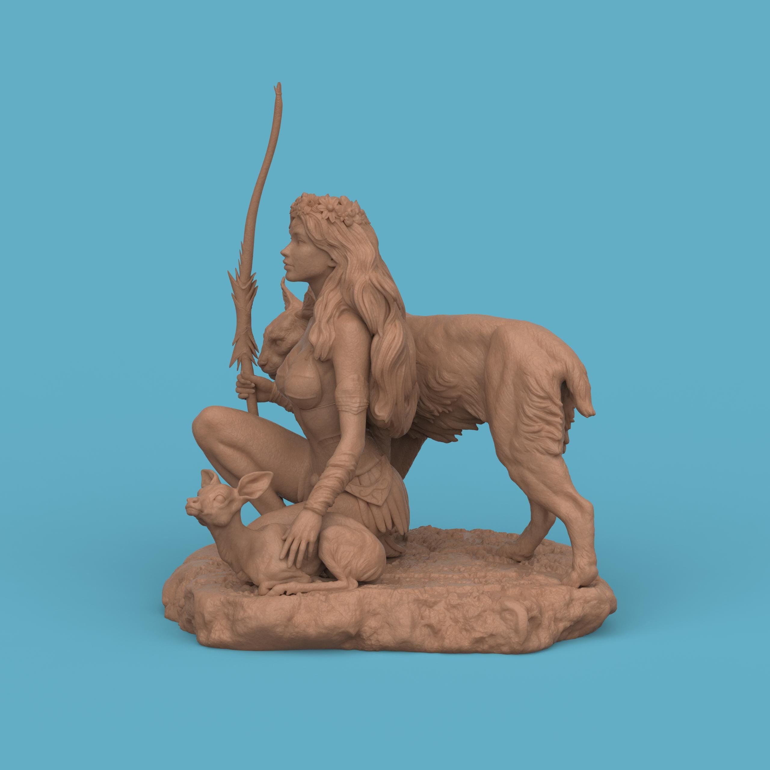 3D-printed Artemis figurine featuring a kneeling huntress goddess holding a staff, accompanied by a large wild cat and a small deer. The sculpt showcases flowing hair, detailed armor, and a natural rocky base, capturing the mythological figure’s serene yet powerful presence.