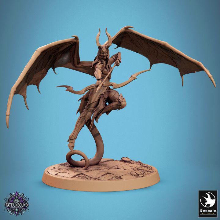 A fierce female cambion with demonic wings, curved horns, and a serpent tail wields a deadly spear and shield. Her armored form exudes power as she stands ready for battle, embodying both beauty and terror in a masterfully sculpted miniature.