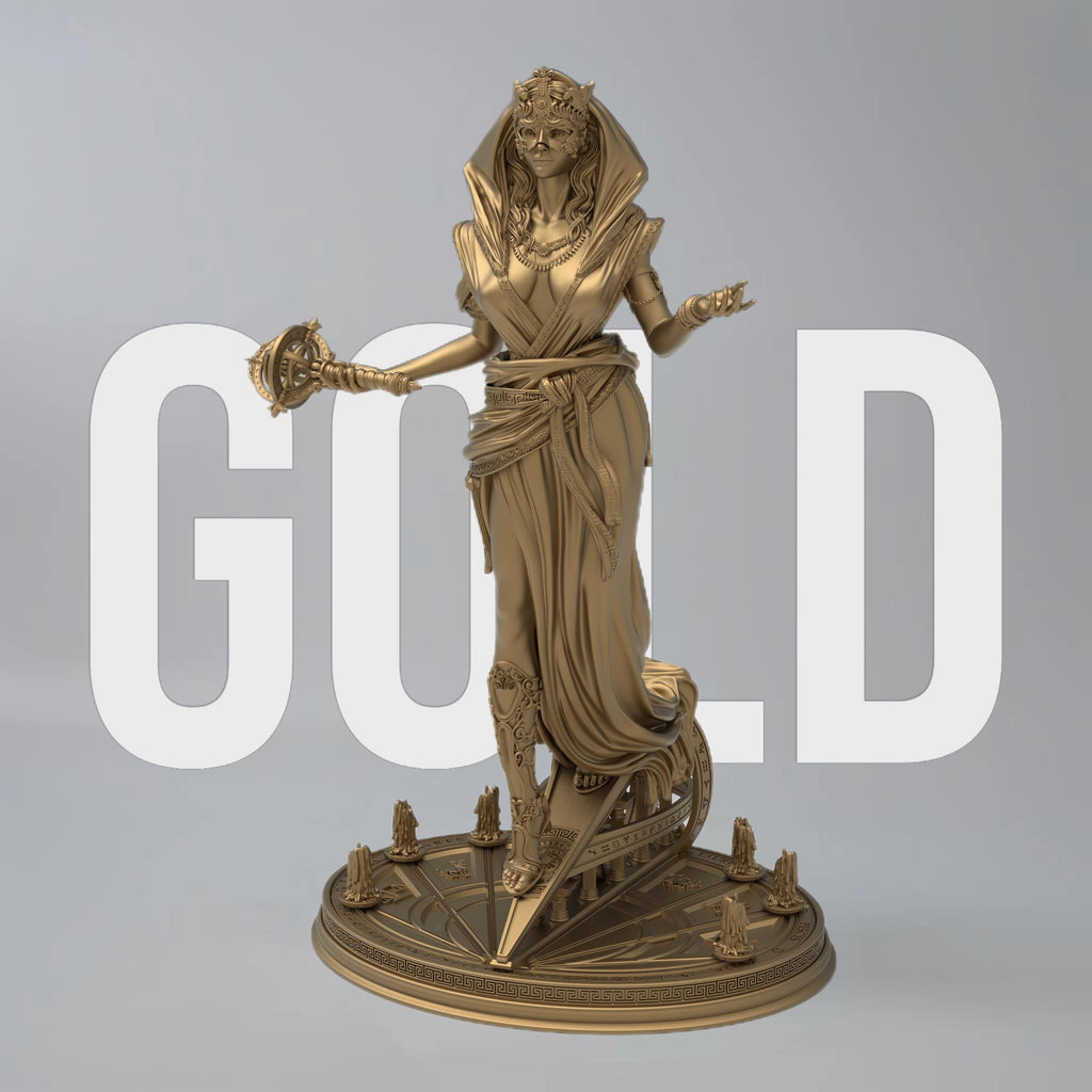 Elegant statue of Lakhesis, the Moirai. Draped in flowing robes with intricate details, a veiled face, and a majestic headdress. Symbolizing the measurer of fate, she stands with a poised and mystical presence.