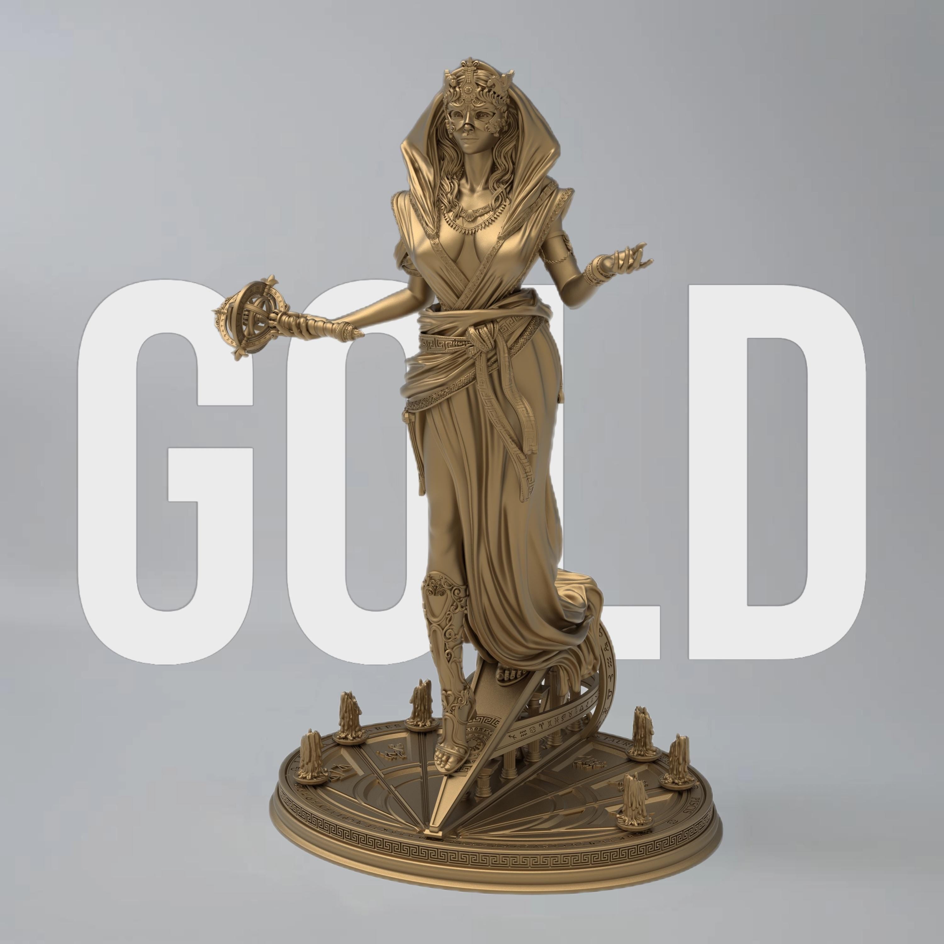 Elegant statue of Lakhesis, the Moirai. Draped in flowing robes with intricate details, a veiled face, and a majestic headdress. Symbolizing the measurer of fate, she stands with a poised and mystical presence.