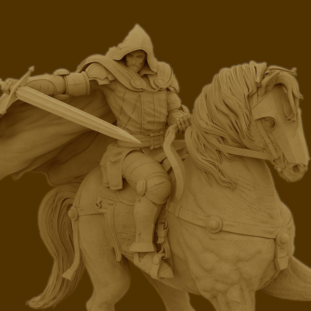 May include: A beige colored statue of a knight riding a horse. The Armored Revenant is wearing a hooded cloak and holding a sword. The horse is standing on a rocky base.
