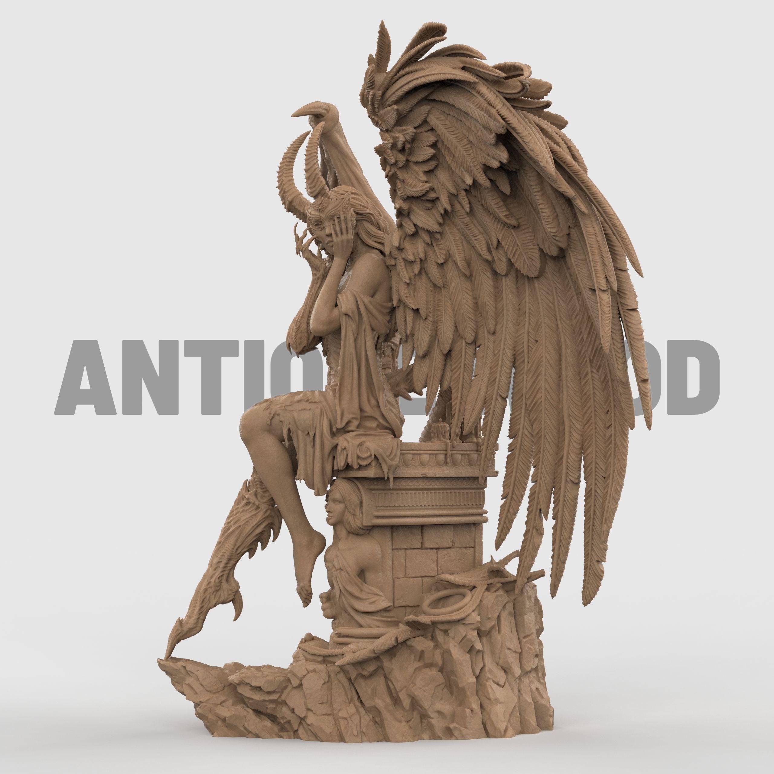 Highly detailed 3D-printed statue titled The Face of Evil, featuring a haunting hybrid figure with dual wings—one angelic and feathered, the other demonic and torn. The character sits on a throne-like structure, covering her face with clawed hands, with ram-like horns and a mix of human and beast features. The base includes crumbling stone, chained limbs, and scattered relics, evoking a dark, mythological aesthetic.