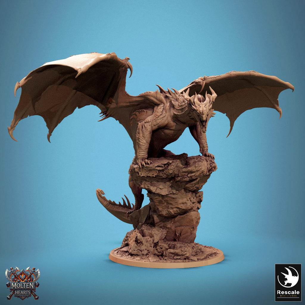 A fearsome Chromatic Red Dragon perches atop a rocky outcrop, wings spread wide and mouth open in a menacing roar. Its scales are rugged and spiked, exuding raw power and dominance. A perfect miniature for collectors and tabletop RPG enthusiasts.