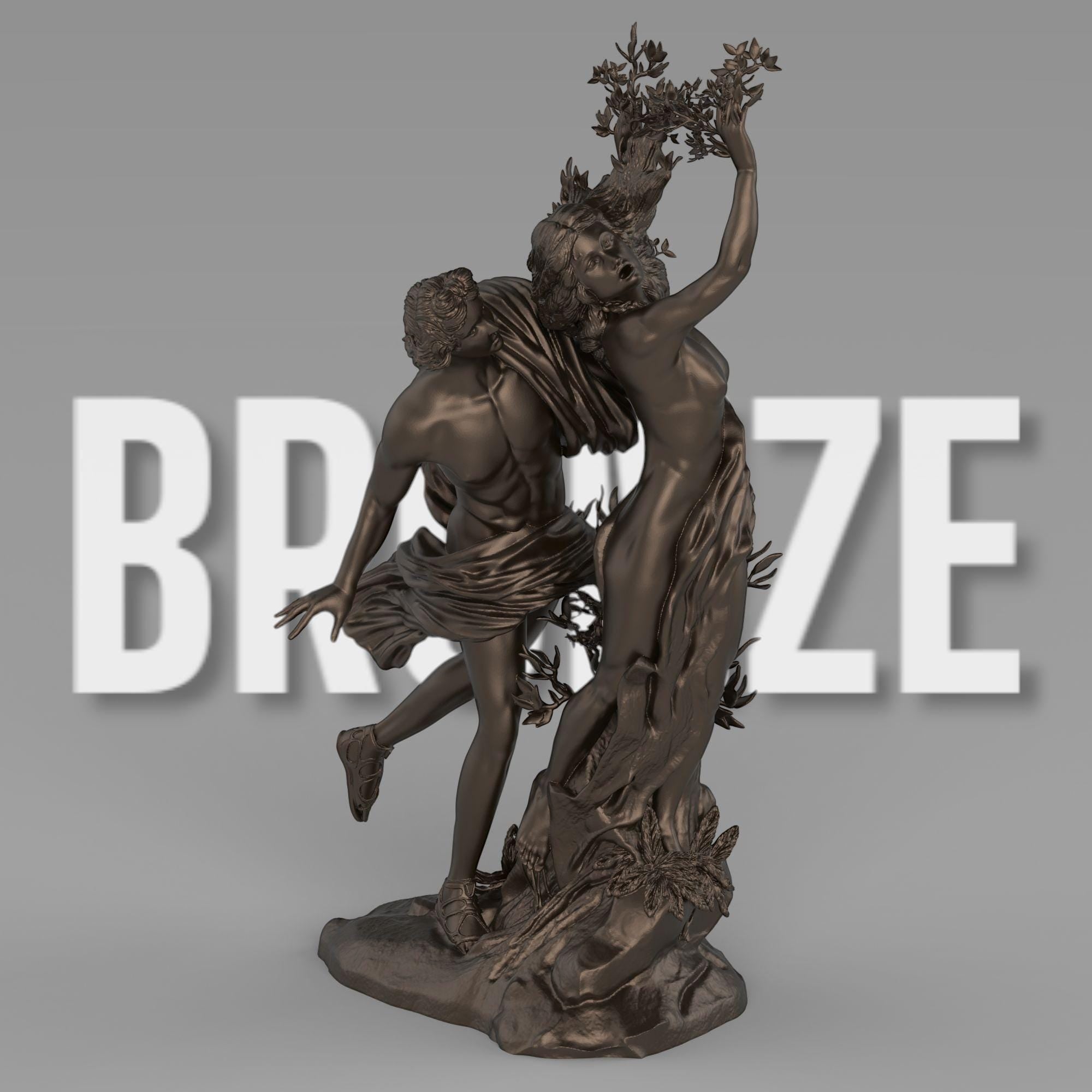 A statue of Apollo reaching for Daphne as she transforms into a laurel tree. Her hands and limbs sprout branches, capturing the dramatic moment of pursuit and escape in intricate detail.