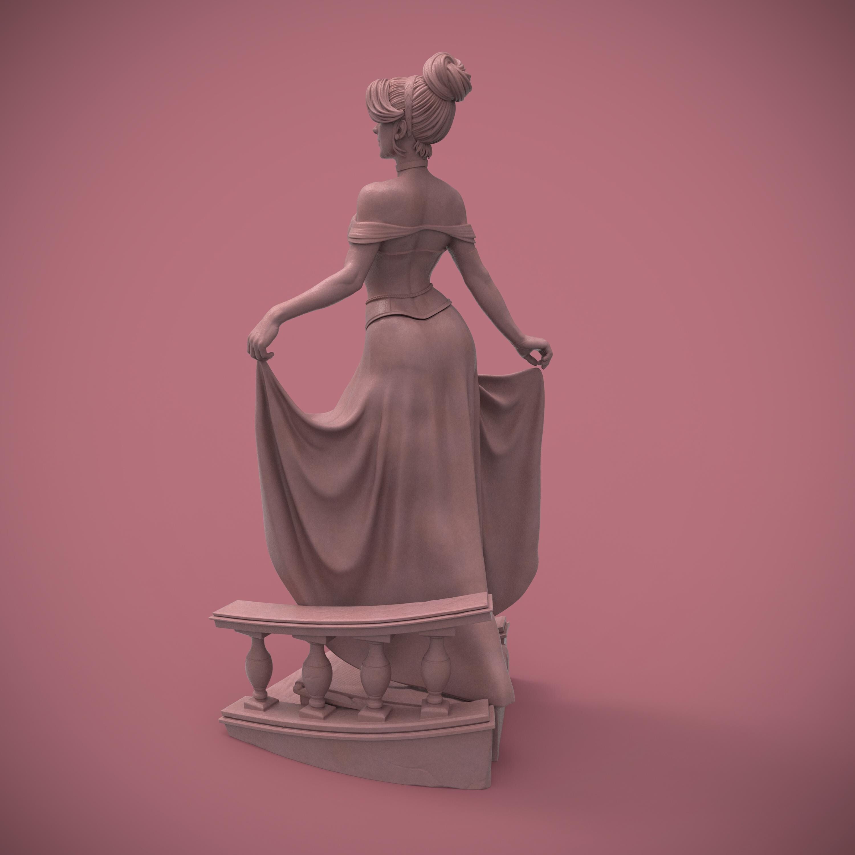 A bold reimagination of the classic princess, this stunning Elaria the Princess of Moonlight statuette blends elegance and seduction. With delicate details from her flowing dress to thigh-high stockings and glass slippers, she steps confidently down the royal stairs—one garter and lost shoe away from a fairytale twist.