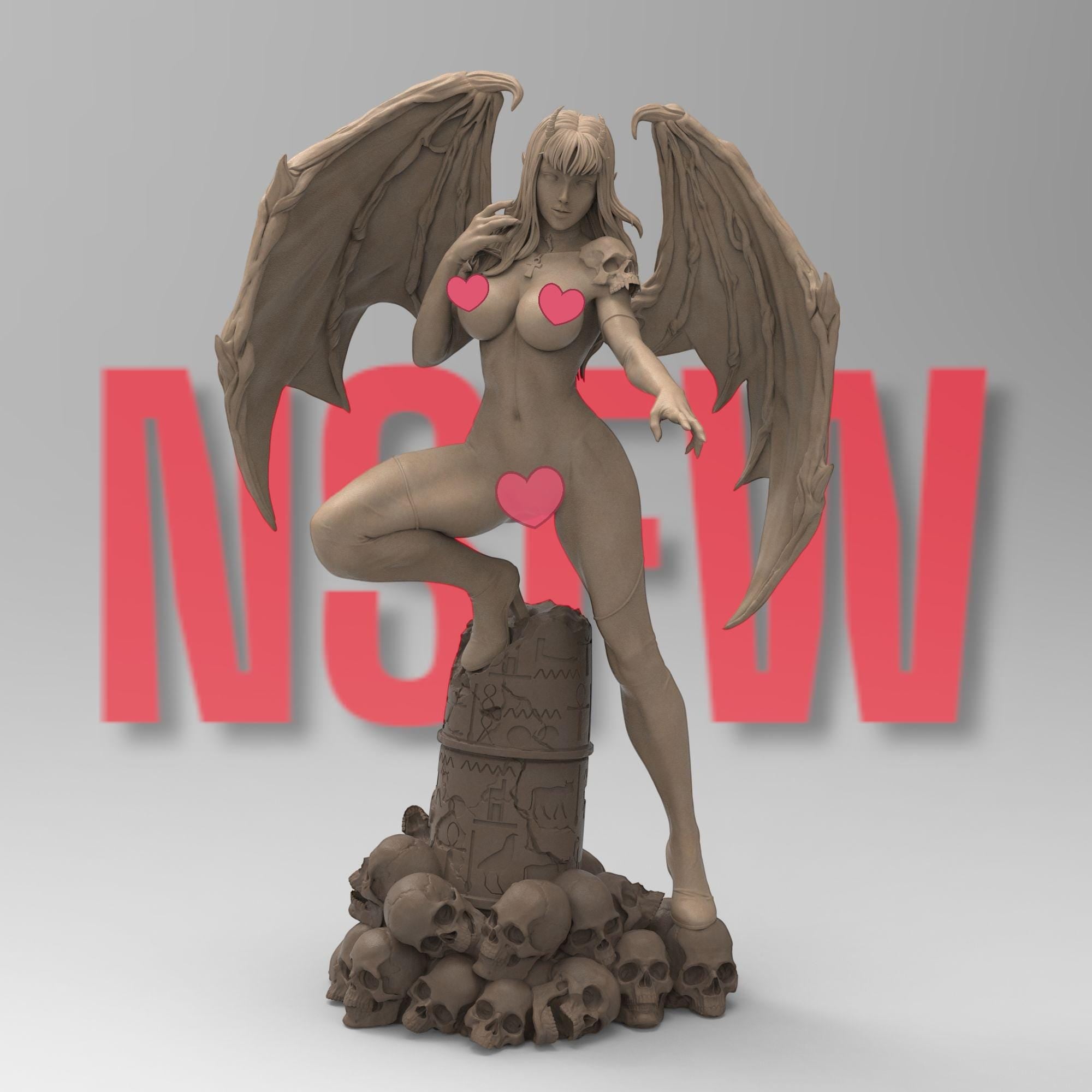 Demoness with bat-like wings, red skin, black armor, and piercing yellow eyes. She stands atop skulls, exuding power and allure. With curved horns and a confident stance, she embodies a seductive yet menacing presence.