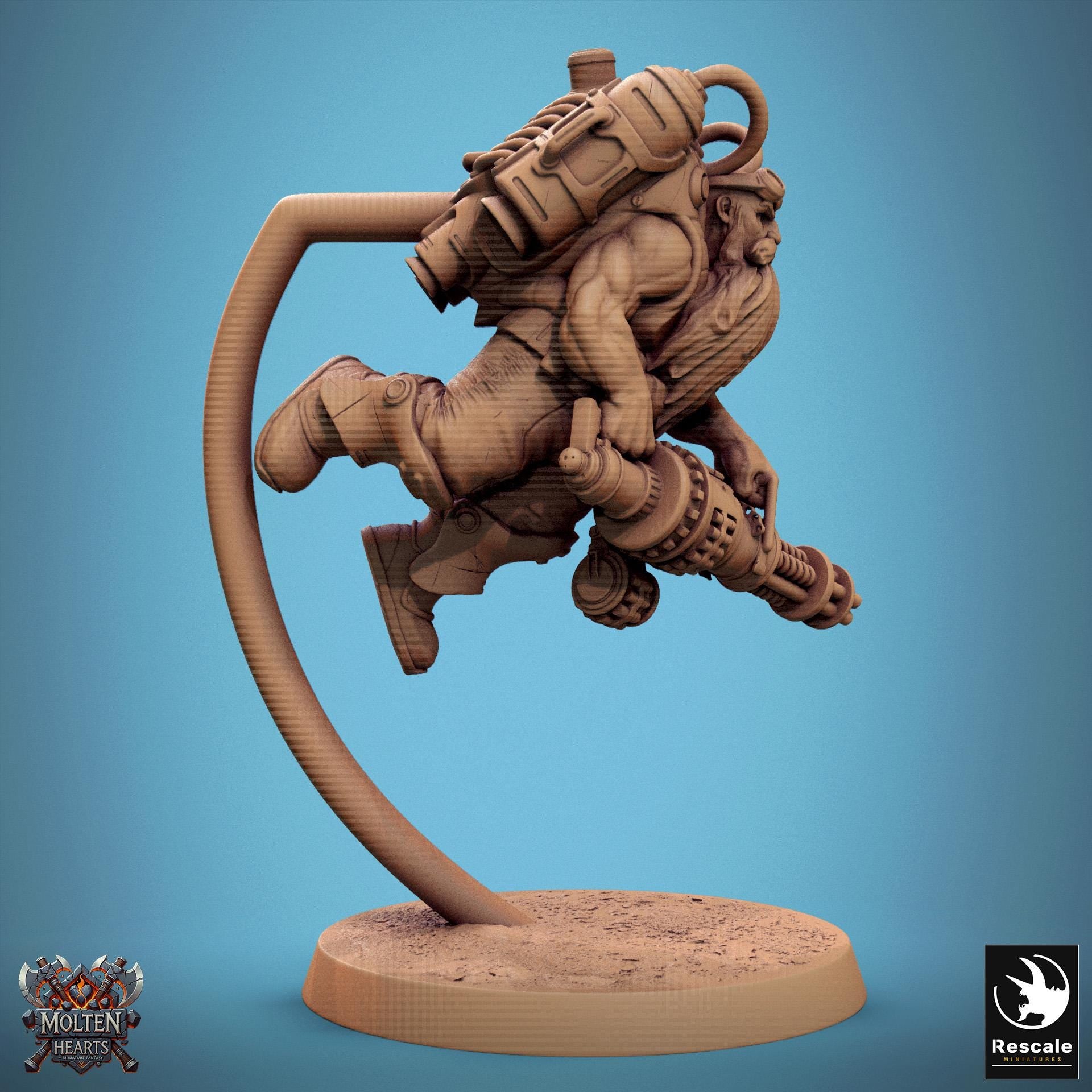 The Dwarf Steampunk gunslinger wields dual intricate pistols, clad in heavy boots and a mechanical backpack. His long beard flows beneath his goggles as he stands ready for battle, a fusion of dwarven grit and advanced steampunk technology.