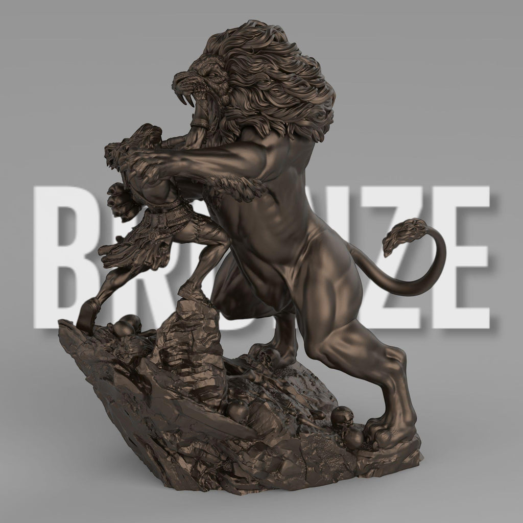 A sculpture of Heracles wrestling the Nemean Lion. The muscular hero grips the lion’s jaw, showcasing his strength. The beast’s mane is intricately detailed, and the rocky base features skulls. A dynamic and intense mythological scene.