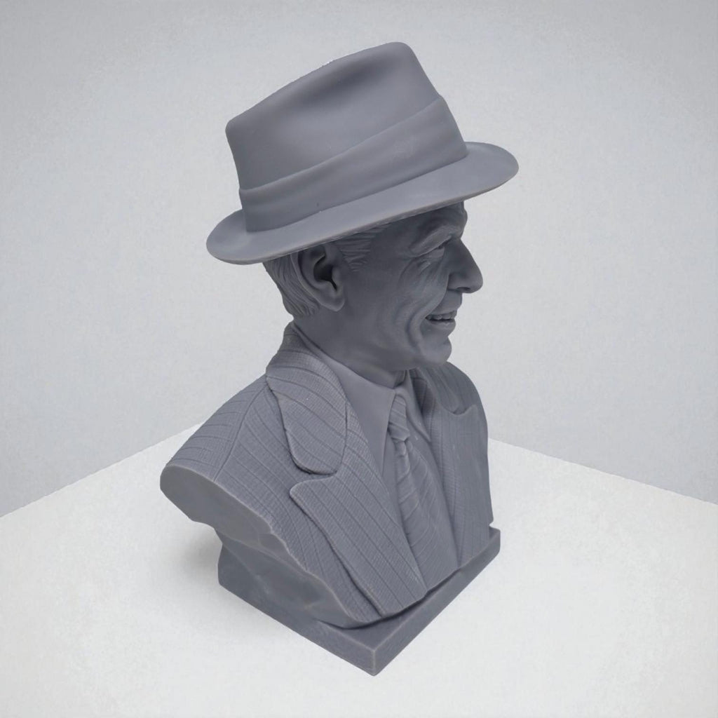 3D-printed bust of Frank Sinatra wearing a classic fedora and suit with a wide smile, showcasing detailed facial features and textured clothing. A tribute piece perfect for fans, collectors, or display décor.