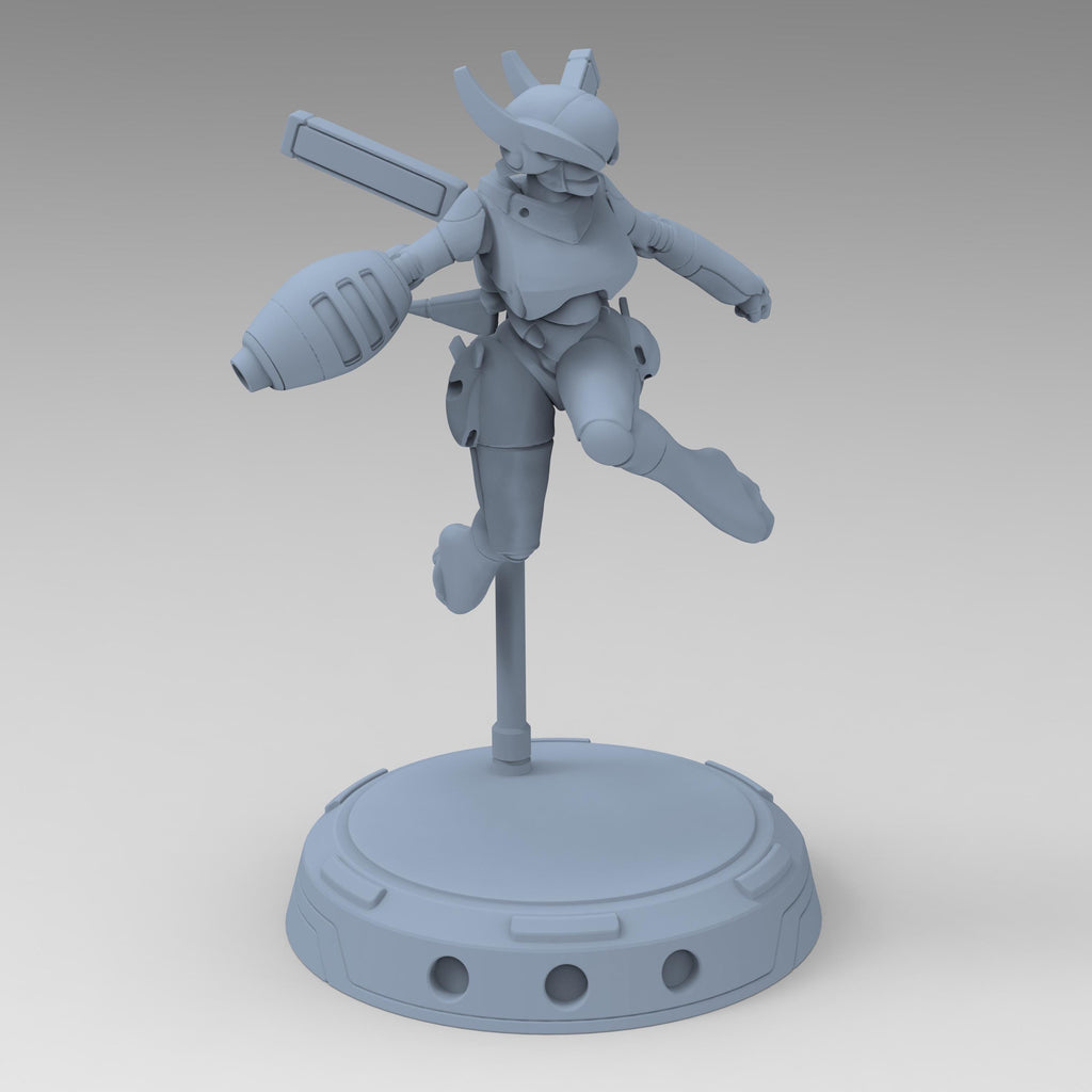 Cyberbabe Mommo, a dynamic cyberpunk warrior, soars mid-air in sleek armor with powerful gauntlets and a futuristic visor. Her agile stance and mechanical enhancements make her a striking figure for sci-fi enthusiasts and collectors.