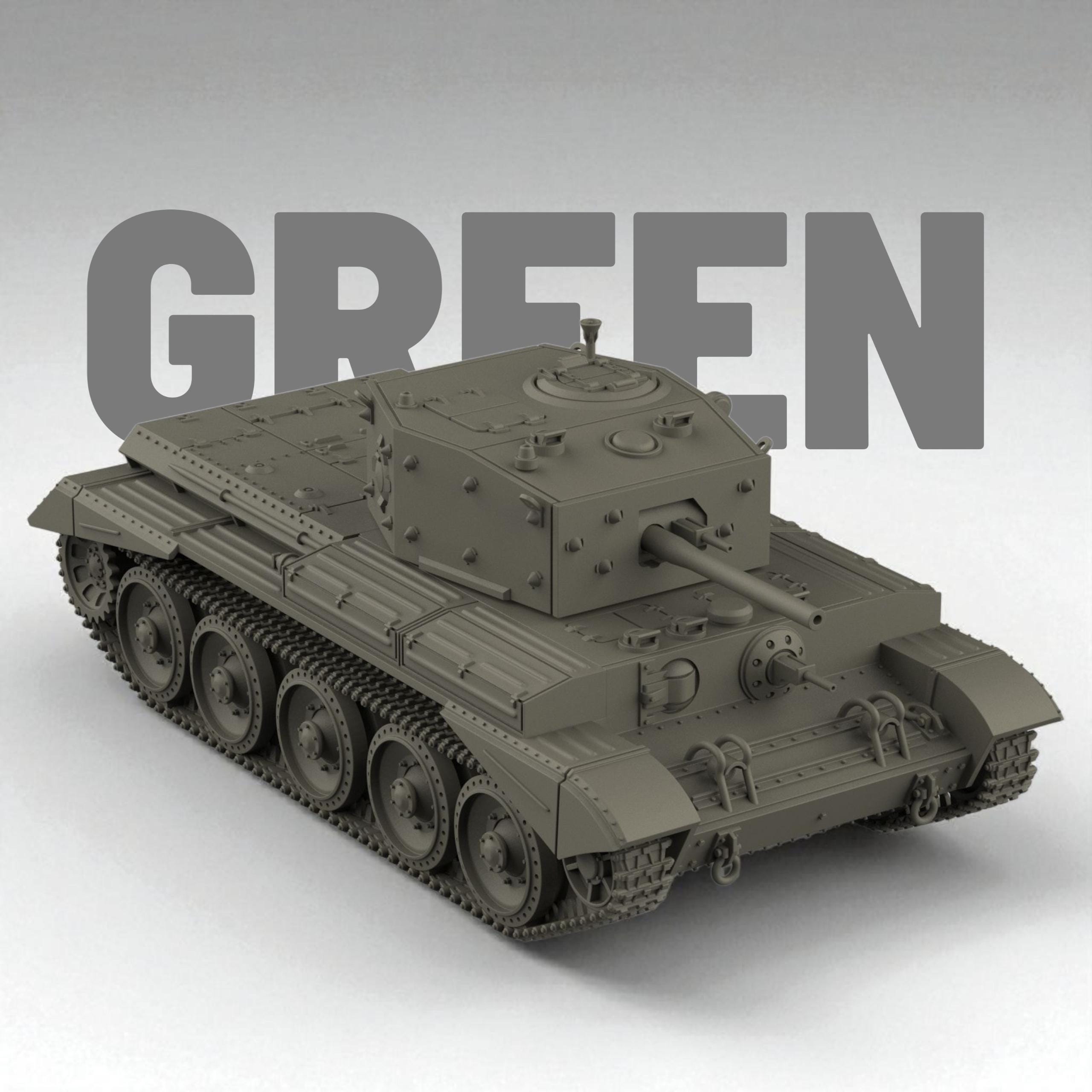 3D model of the British Cruiser Mk IV tank, featuring detailed armor plating, riveted turret, and six road wheels per side, shown in both matte dark and metallic silver finishes.