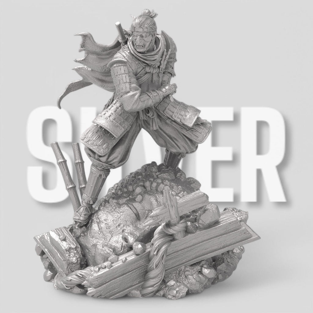 Jin Sakai from Ghost of Tsushima in a dynamic pose, gripping his katana. He wears samurai armor with a flowing scarf and a battle-worn flag behind him. The base features broken structures and rocks, symbolizing the fallen Shogunate era.