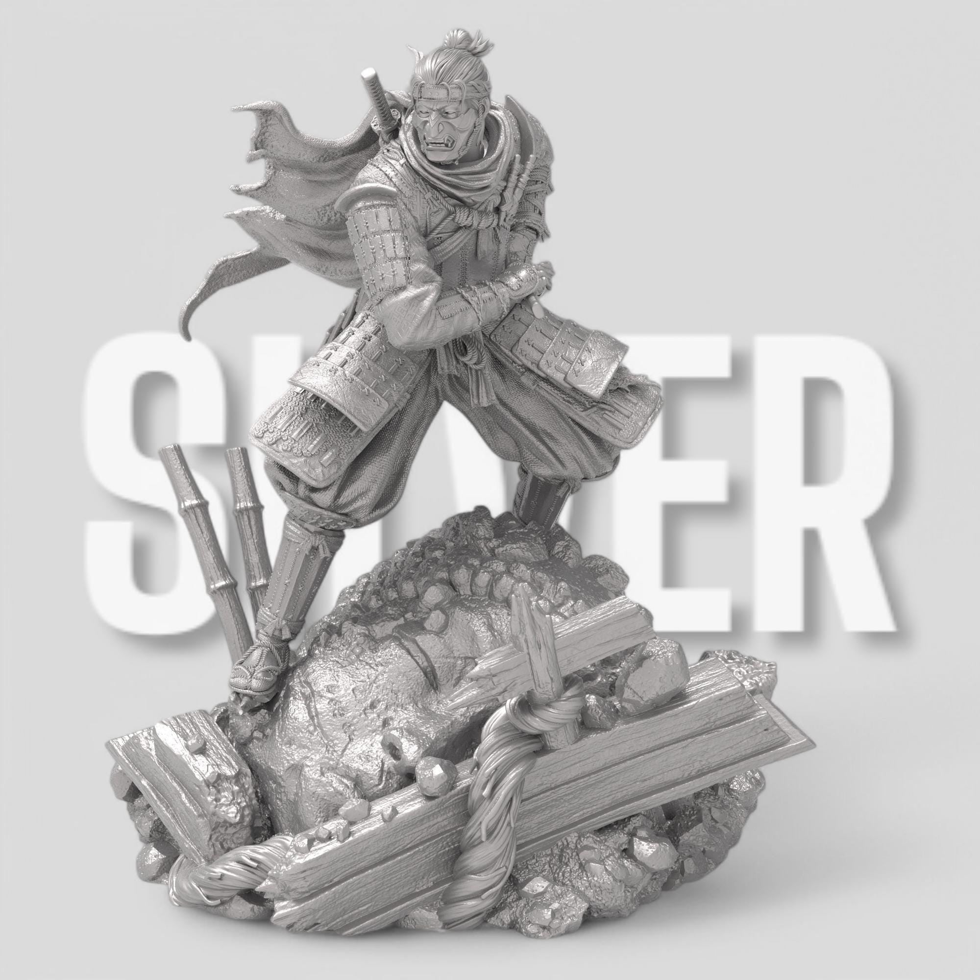 Jin Sakai from Ghost of Tsushima in a dynamic pose, gripping his katana. He wears samurai armor with a flowing scarf and a battle-worn flag behind him. The base features broken structures and rocks, symbolizing the fallen Shogunate era.