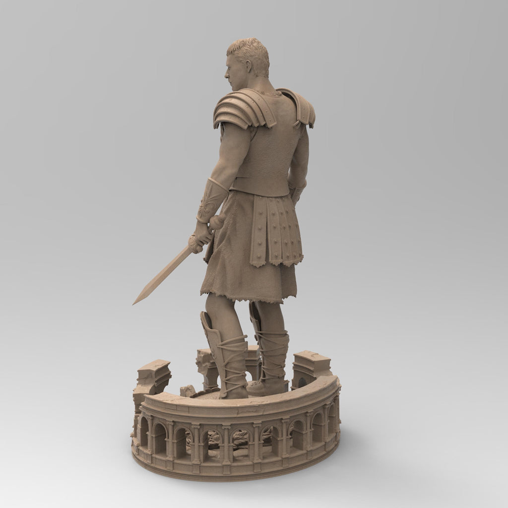 Statuette of The Gladiator, depicted in detailed armor with a sword in hand, standing confidently on a base featuring an intricate colosseum design and laurel accents.