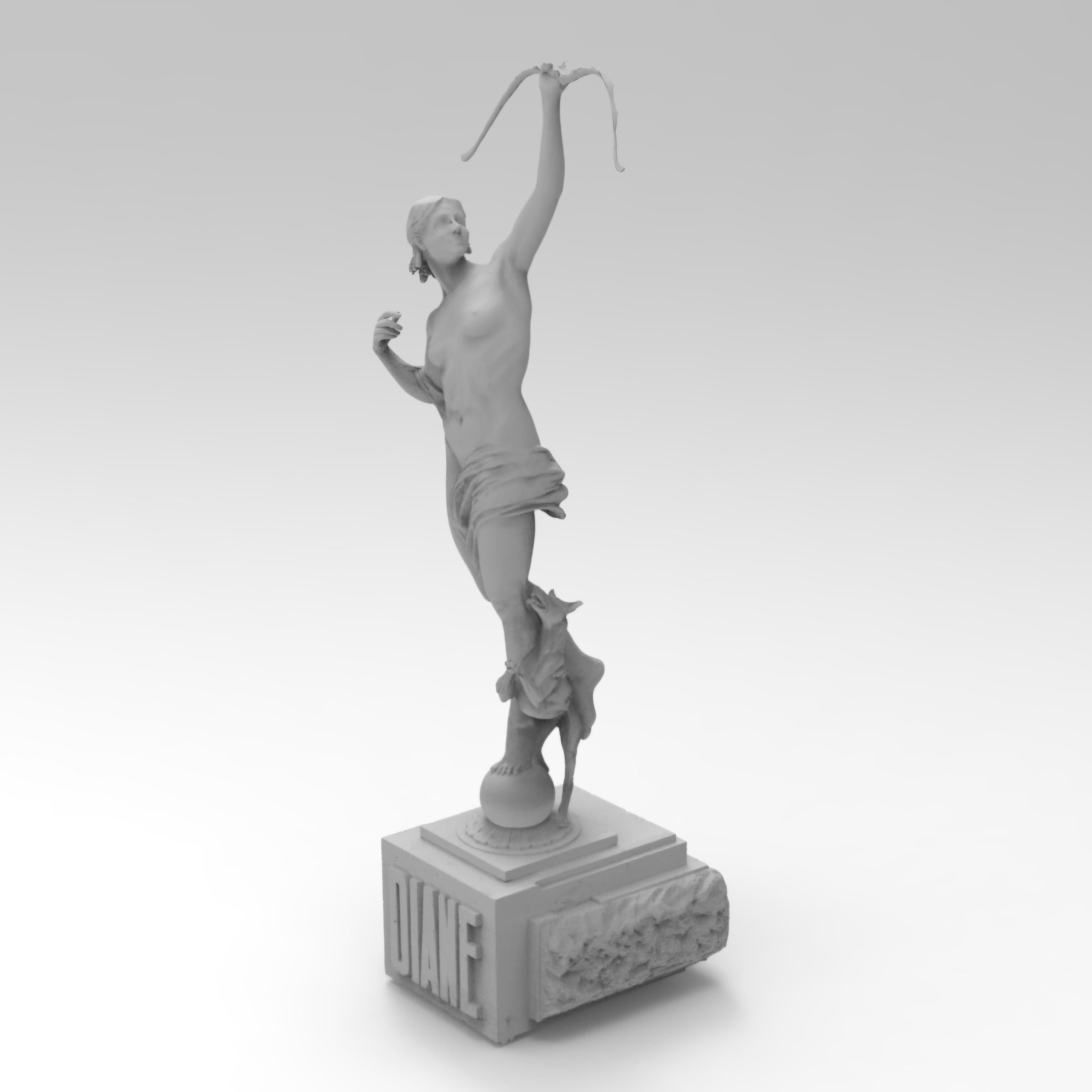 Diana the Huntress figurine showcasing a graceful pose with a bow raised high, accompanied by a deer. Intricate details highlight her elegance, available in various sizes and finishes, capturing the essence of classical mythology and artistry.