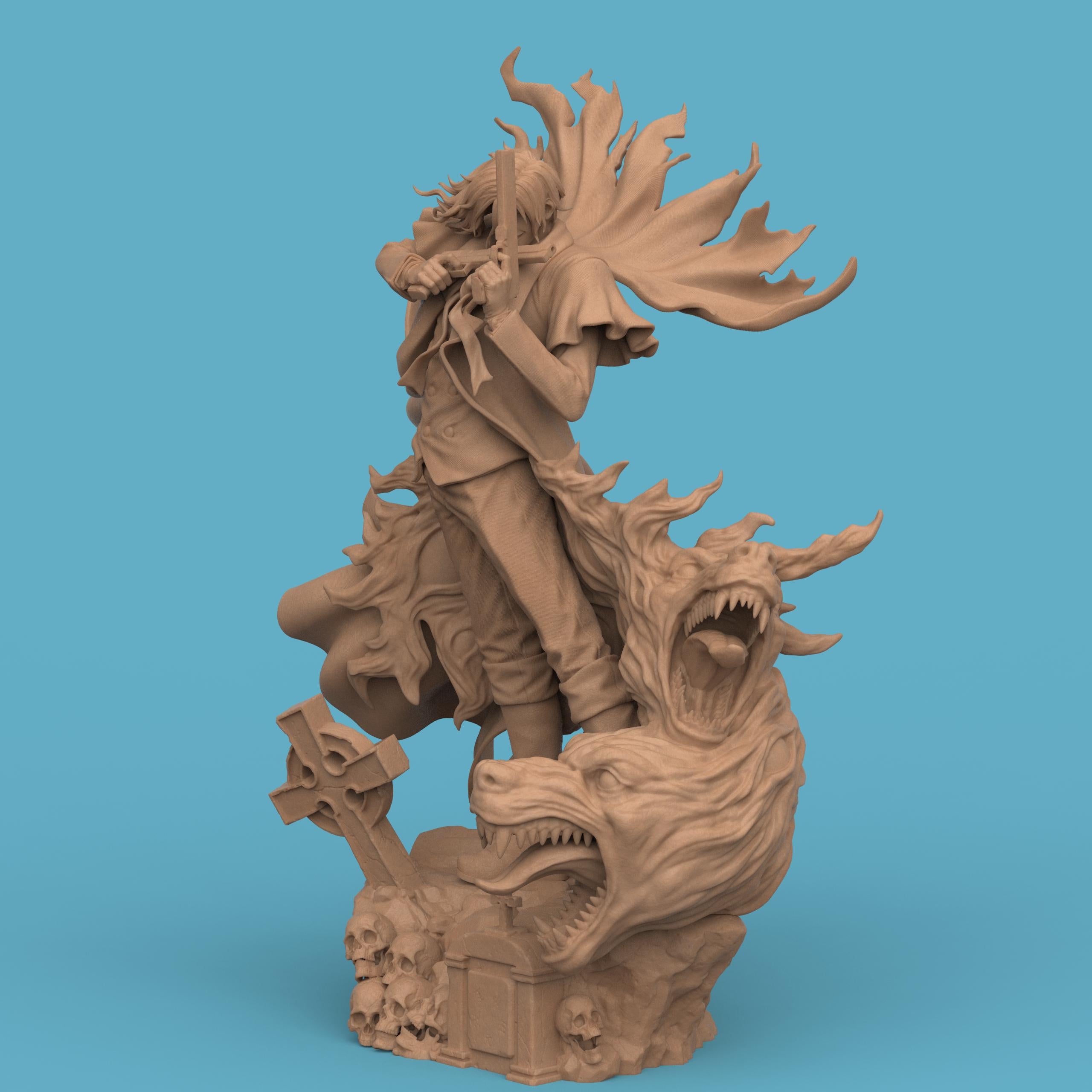 Highly detailed 3D-printed Alucard figurine, depicting a dark, vampire-like warrior in a red coat wielding dual pistols. The figure stands atop a gothic base adorned with skulls and gravestones, surrounded by swirling red demonic energy and snarling beast heads, capturing a dramatic and supernatural atmosphere.