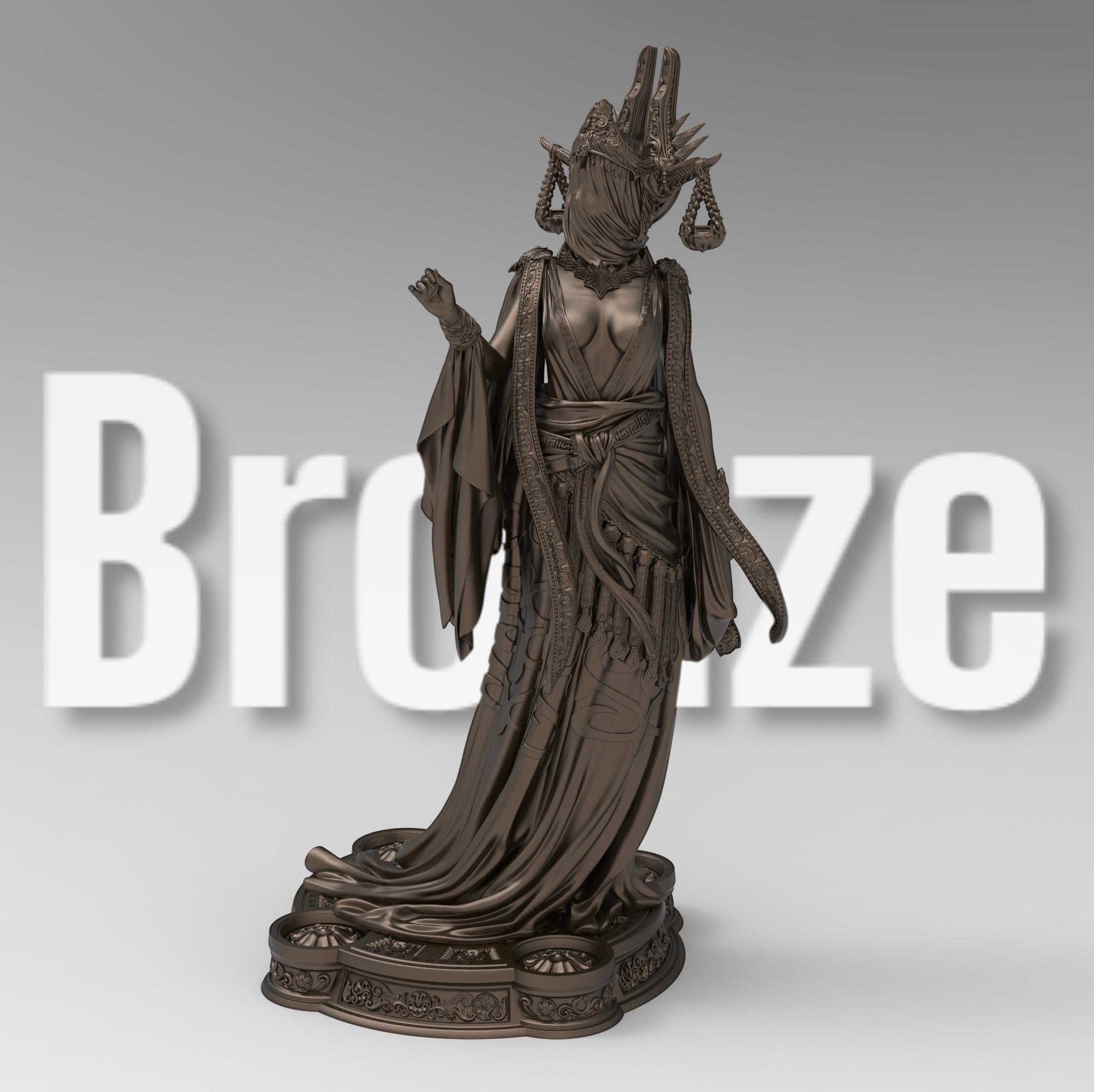 Highly detailed 3D-printed statue of Atropos the Moirai. Depicted in a flowing robe with intricate gold detailing, a veiled face, and an elaborate headdress featuring hanging scales. A stunning display of divine elegance and fate’s embodiment.