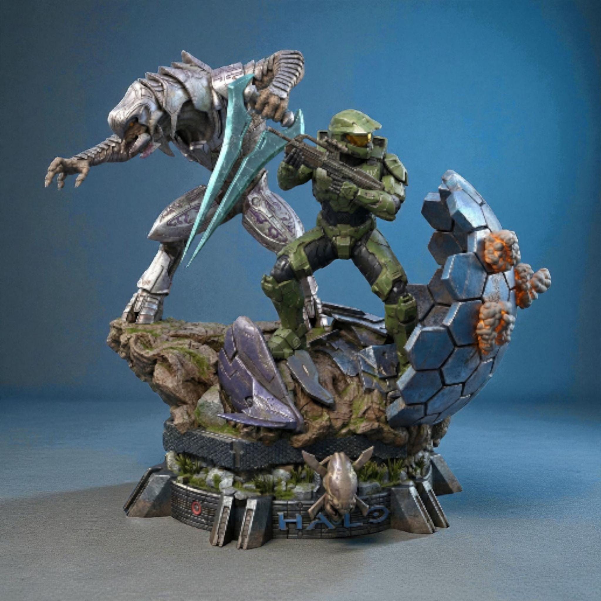 3D-printed diorama featuring the Arbiter and Master Chief locked in battle, captured in dynamic motion. The detailed scene showcases the two armored warriors clashing atop a sci-fi terrain with glowing energy blades and futuristic textures, embodying heroism, rivalry, and cinematic intensity — a perfect collectible for sci-fi fans and gamers.
