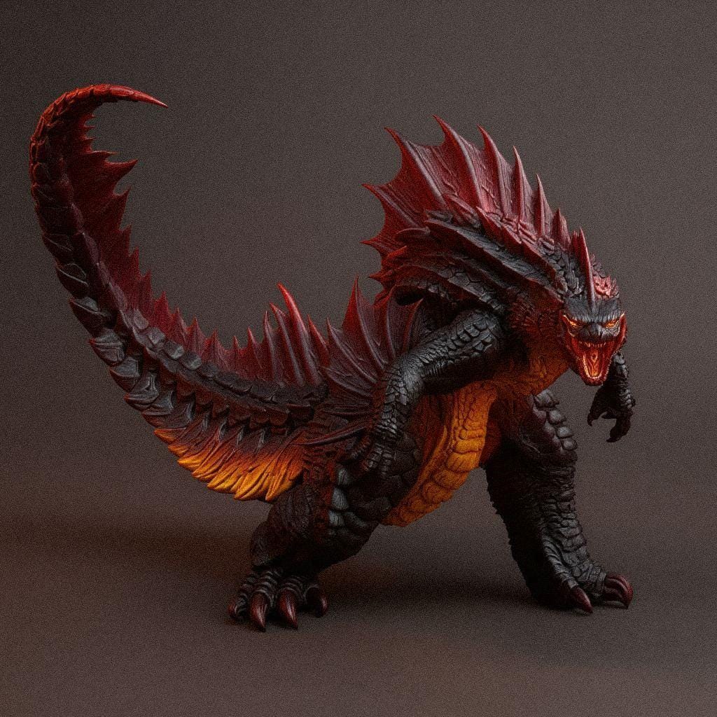 3D-printed Godzilla Reborn figurine featuring a fierce, fire-infused design with glowing red and orange accents along its spine and belly. The detailed sculpt captures the creature’s powerful stance, textured scales, and roaring expression — a striking tribute to the legendary monster, perfect for collectors and kaiju fans.