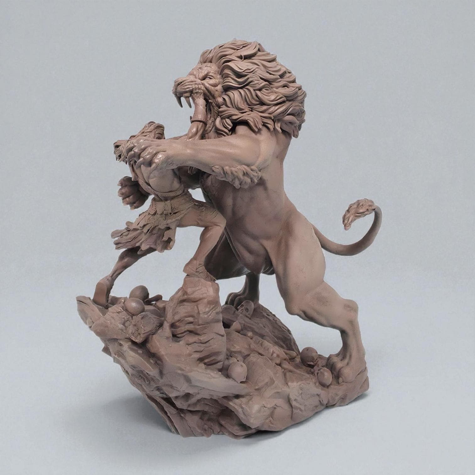 A sculpture of Heracles wrestling the Nemean Lion. The muscular hero grips the lion’s jaw, showcasing his strength. The beast’s mane is intricately detailed, and the rocky base features skulls. A dynamic and intense mythological scene.