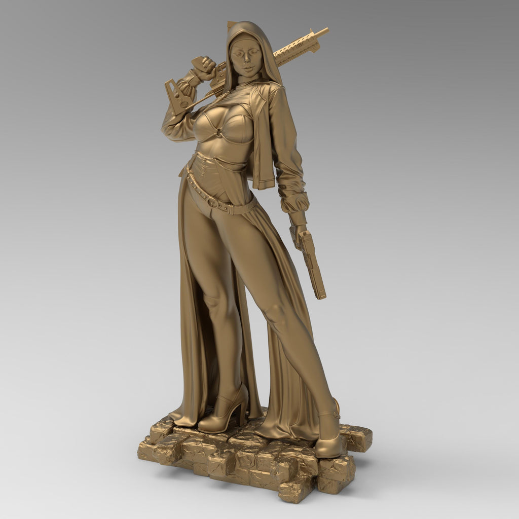 Armed and divine, the Nun with Gun stands tall with tactical heels, hooded cloak, and dual firepower. A bold blend of holiness and havoc—equal parts protector and punisher. Perfect for collectors who like their saints with a side of firepower.