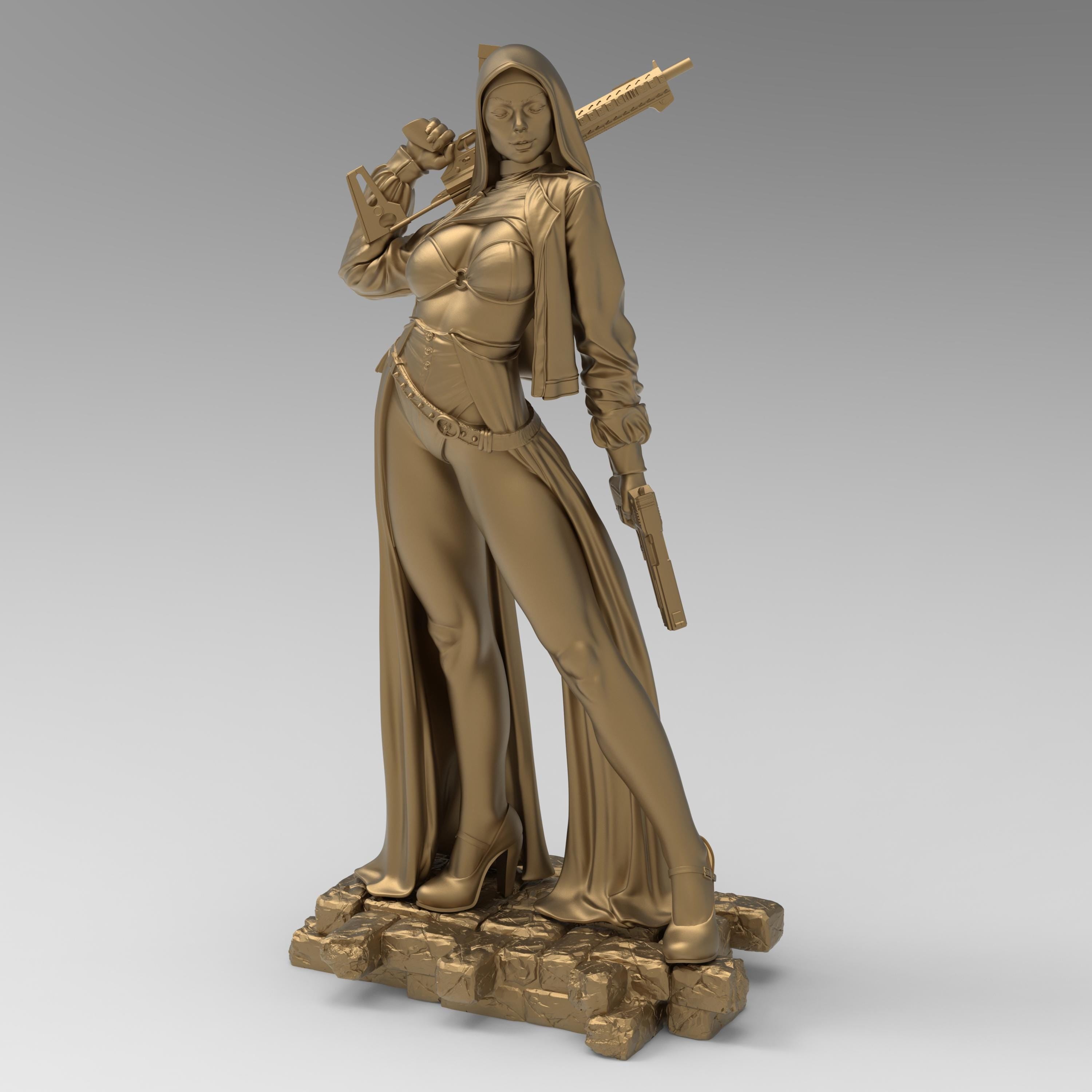 Armed and divine, the Nun with Gun stands tall with tactical heels, hooded cloak, and dual firepower. A bold blend of holiness and havoc—equal parts protector and punisher. Perfect for collectors who like their saints with a side of firepower.