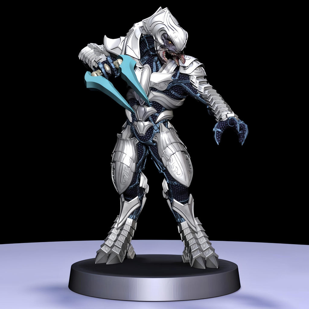 Arbiter miniatures in silver armor with blue details, posed dynamically with an energy sword or plasma rifle. Intricate sculpting captures the iconic Sangheili warrior, perfect for collectors and tabletop games.