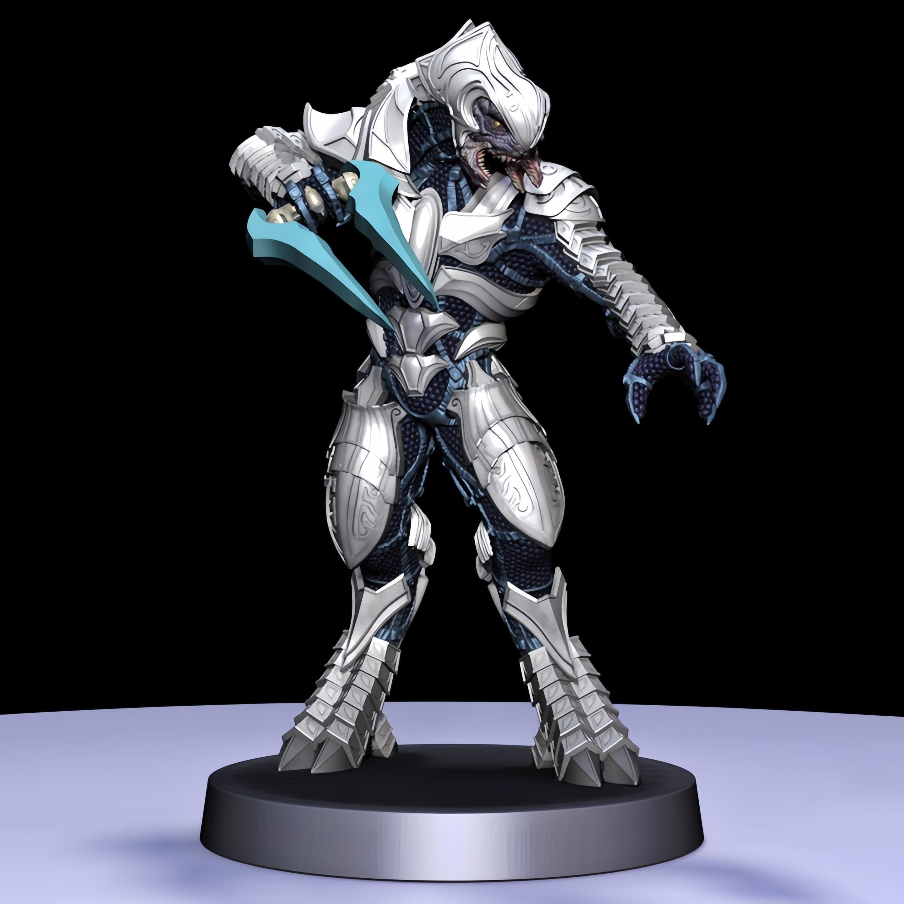 Arbiter miniatures in silver armor with blue details, posed dynamically with an energy sword or plasma rifle. Intricate sculpting captures the iconic Sangheili warrior, perfect for collectors and tabletop games.