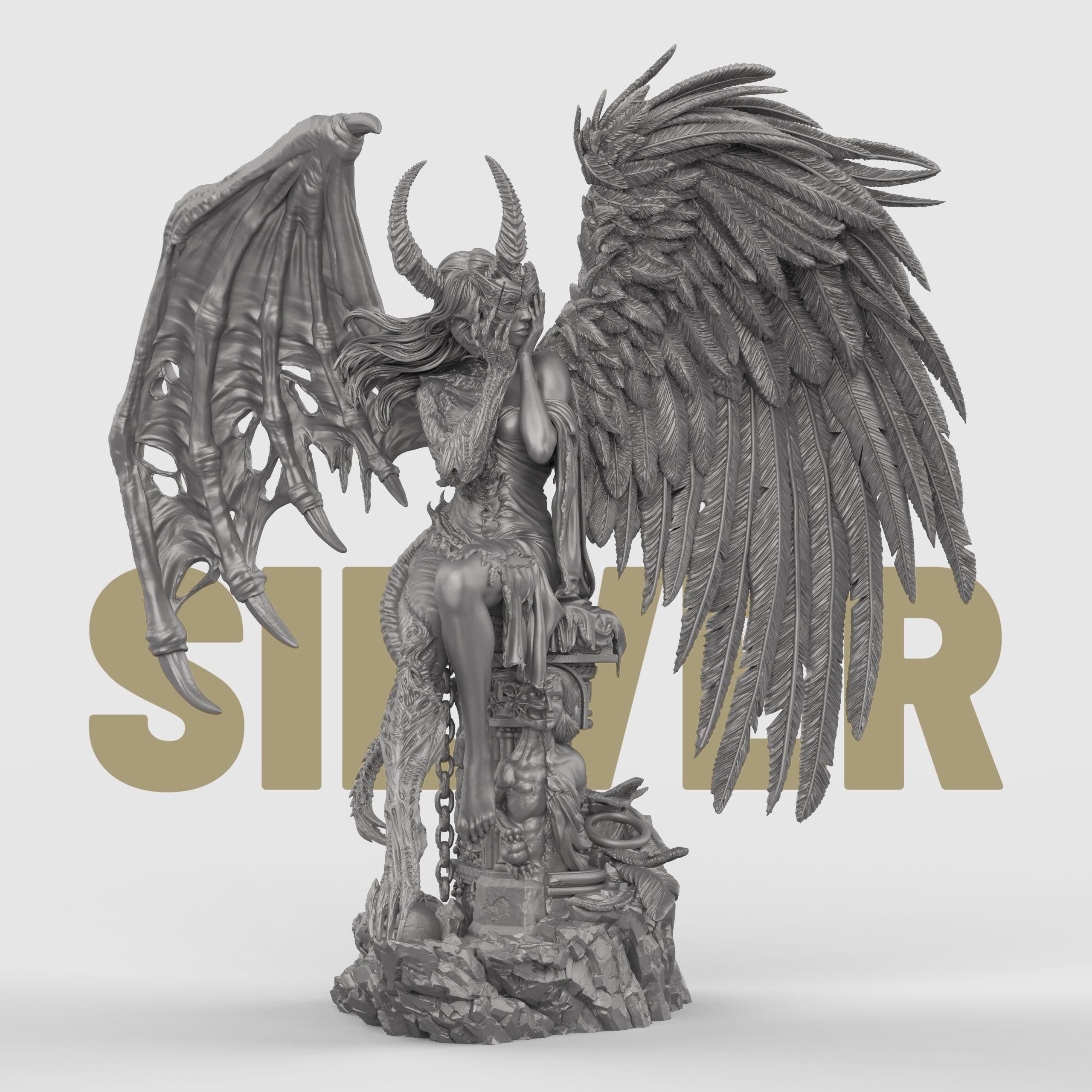 Highly detailed 3D-printed statue titled The Face of Evil, featuring a haunting hybrid figure with dual wings—one angelic and feathered, the other demonic and torn. The character sits on a throne-like structure, covering her face with clawed hands, with ram-like horns and a mix of human and beast features. The base includes crumbling stone, chained limbs, and scattered relics, evoking a dark, mythological aesthetic.