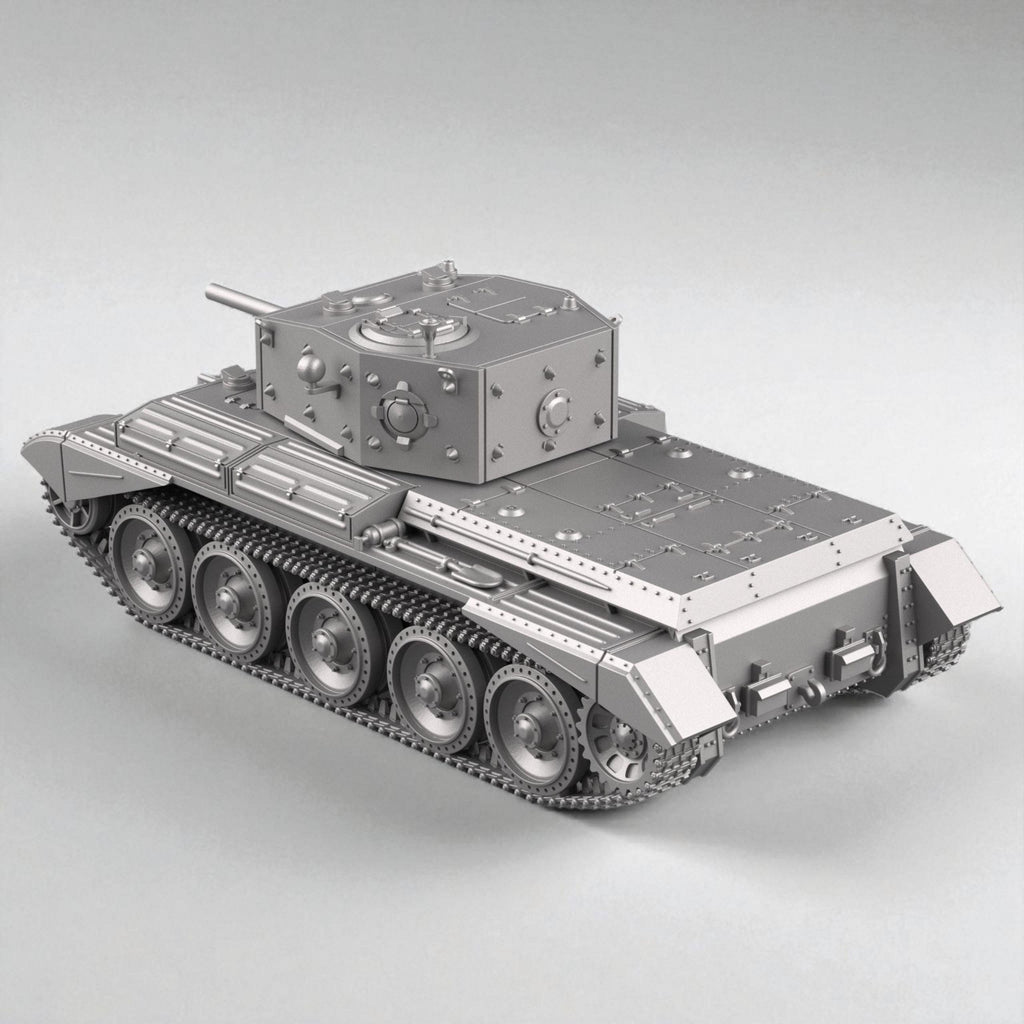 3D model of the British Cruiser Mk IV tank, featuring detailed armor plating, riveted turret, and six road wheels per side, shown in both matte dark and metallic silver finishes.