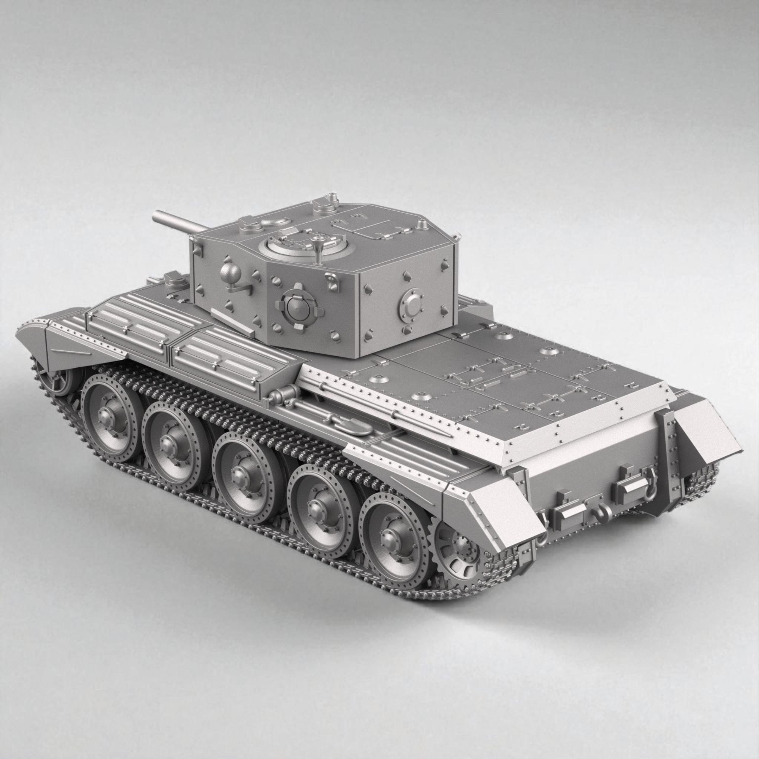 3D model of the British Cruiser Mk IV tank, featuring detailed armor plating, riveted turret, and six road wheels per side, shown in both matte dark and metallic silver finishes.