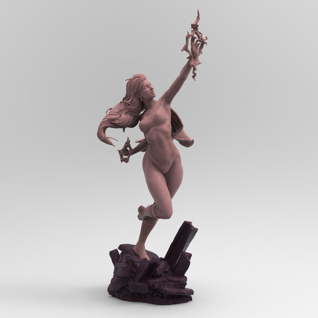 3D-printed statue of Kaira Nova in a dynamic pose, levitating over rocky debris with energy constructs forming around her hands. Detailed sculpt with flowing hair, a cape, and a confident expression, capturing her iconic superhero stance.