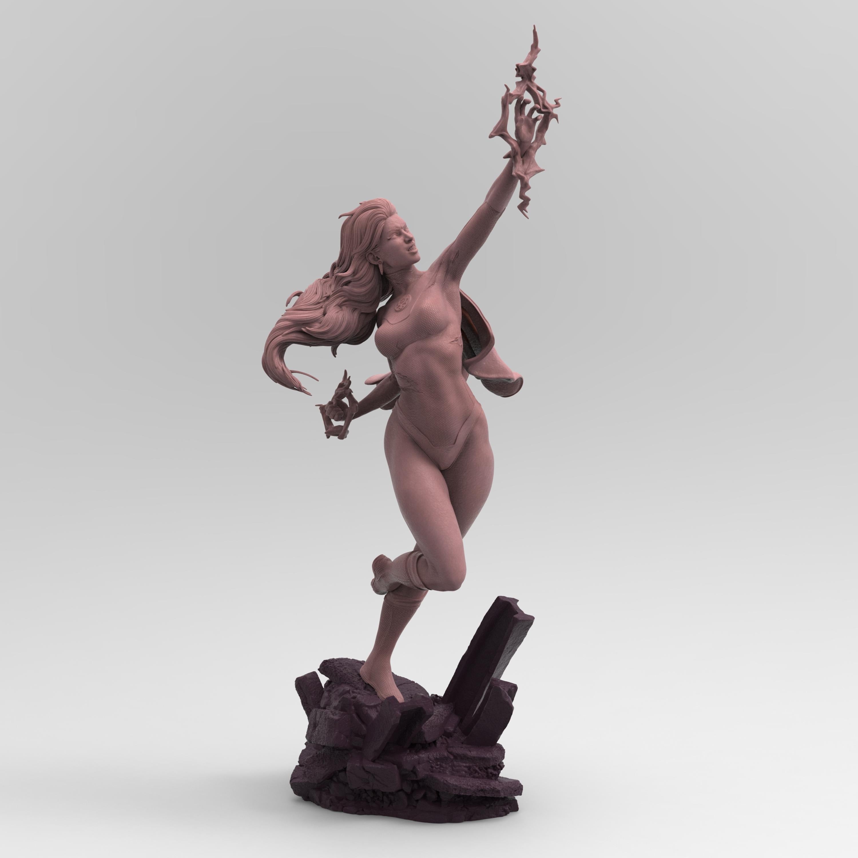 3D-printed statue of Kaira Nova in a dynamic pose, levitating over rocky debris with energy constructs forming around her hands. Detailed sculpt with flowing hair, a cape, and a confident expression, capturing her iconic superhero stance.