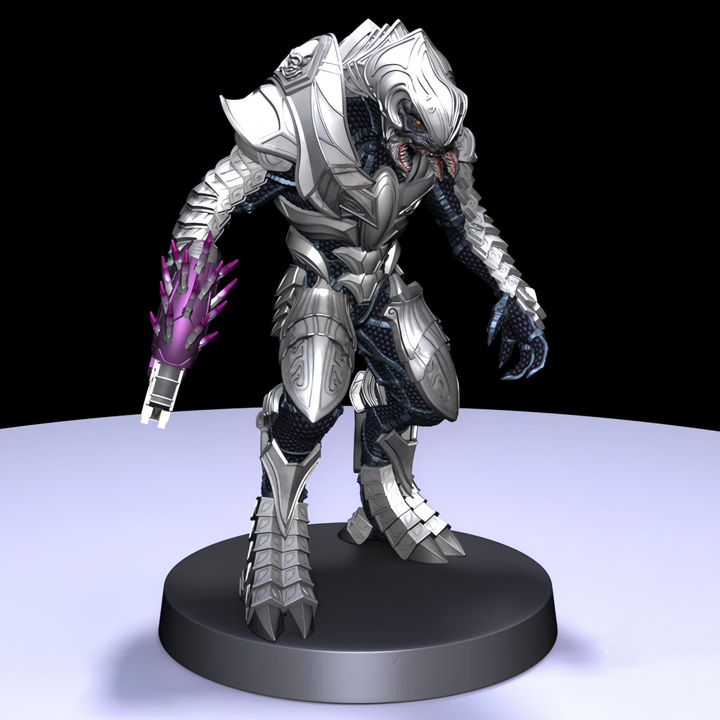 Arbiter miniatures in silver armor with blue details, posed dynamically with an energy sword or plasma rifle. Intricate sculpting captures the iconic Sangheili warrior, perfect for collectors and tabletop games.