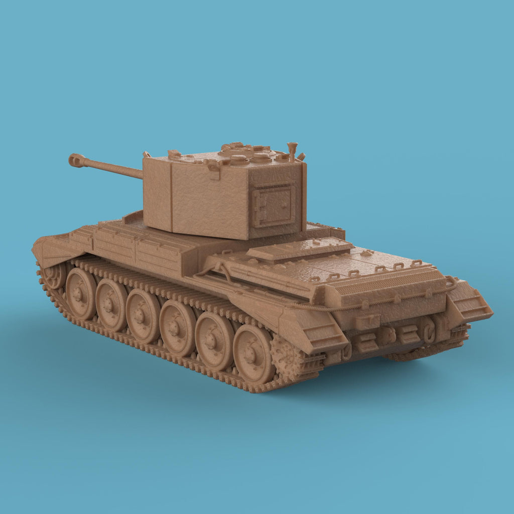 A tabletop miniature model of the A30 Challenger Tank, featuring a detailed turret with a long barrel, six large road wheels on each side, and distinct track and hull details. The model has a textured finish, resembling a scaled-down, resin-cast military tank displayed against a plain blue background.