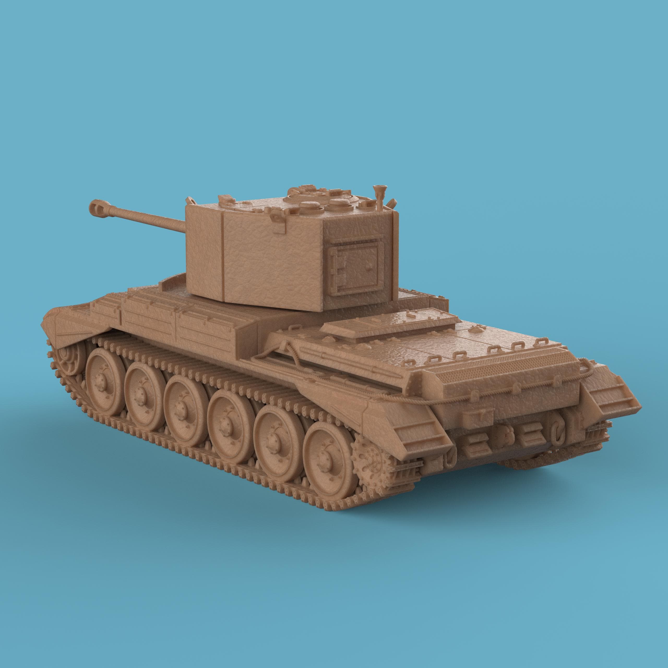 A tabletop miniature model of the A30 Challenger Tank, featuring a detailed turret with a long barrel, six large road wheels on each side, and distinct track and hull details. The model has a textured finish, resembling a scaled-down, resin-cast military tank displayed against a plain blue background.