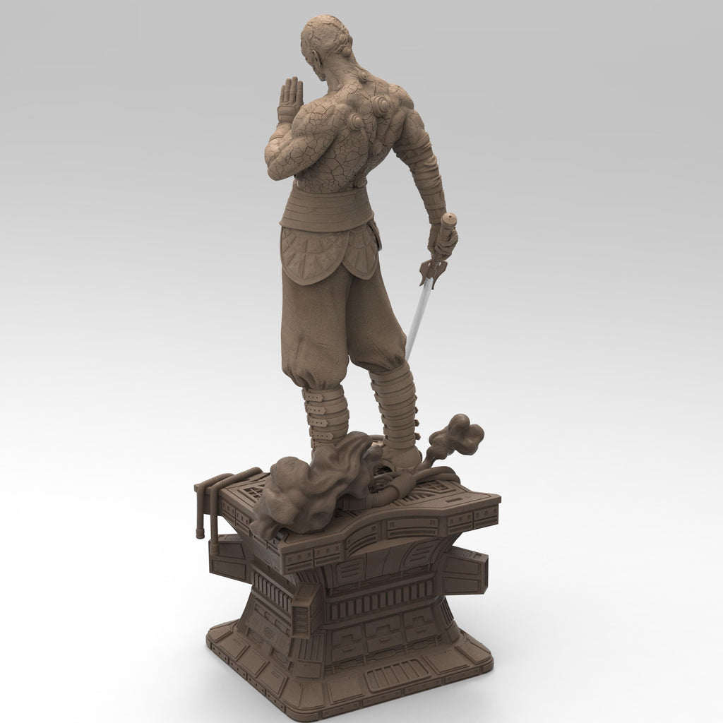 Darth Sion statue, showcasing the Sith Lord’s cracked stone-like body. He stands on a futuristic base, gripping a lightsaber, exuding menace. His battle-worn armor and intense gaze reflect his mastery of the dark side, embodying pain and hatred.