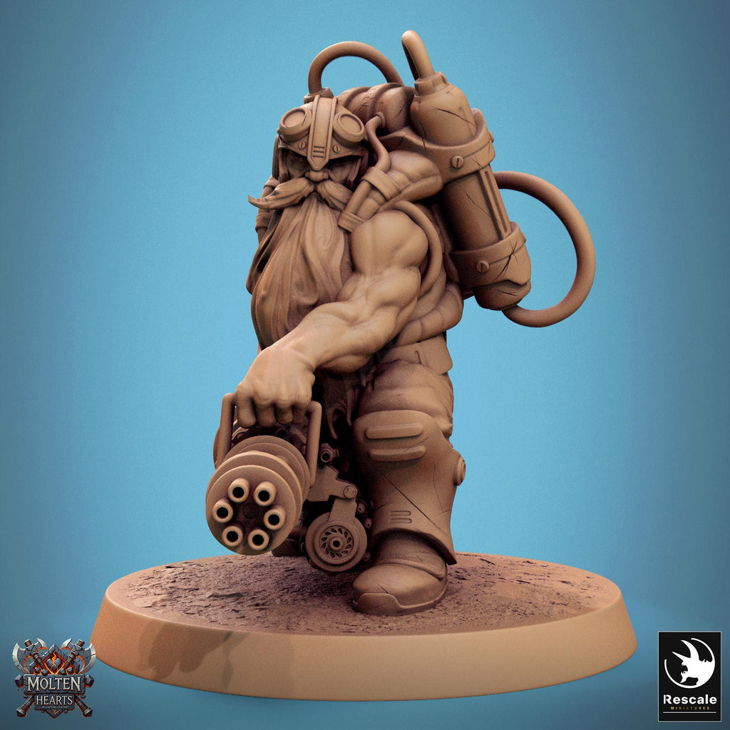 The Dwarf Steampunk gunslinger wields dual intricate pistols, clad in heavy boots and a mechanical backpack. His long beard flows beneath his goggles as he stands ready for battle, a fusion of dwarven grit and advanced steampunk technology.