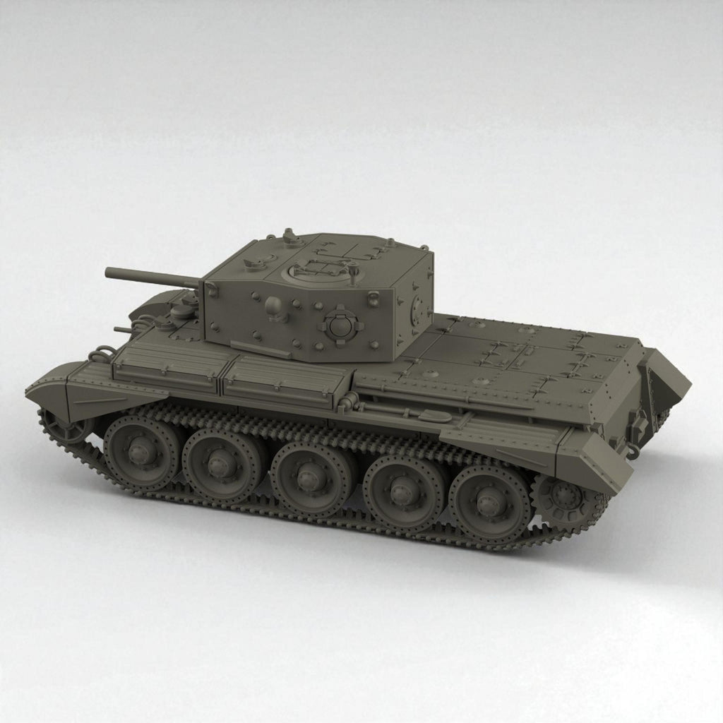 3D model of the British Cruiser Mk IV tank, featuring detailed armor plating, riveted turret, and six road wheels per side, shown in both matte dark and metallic silver finishes.
