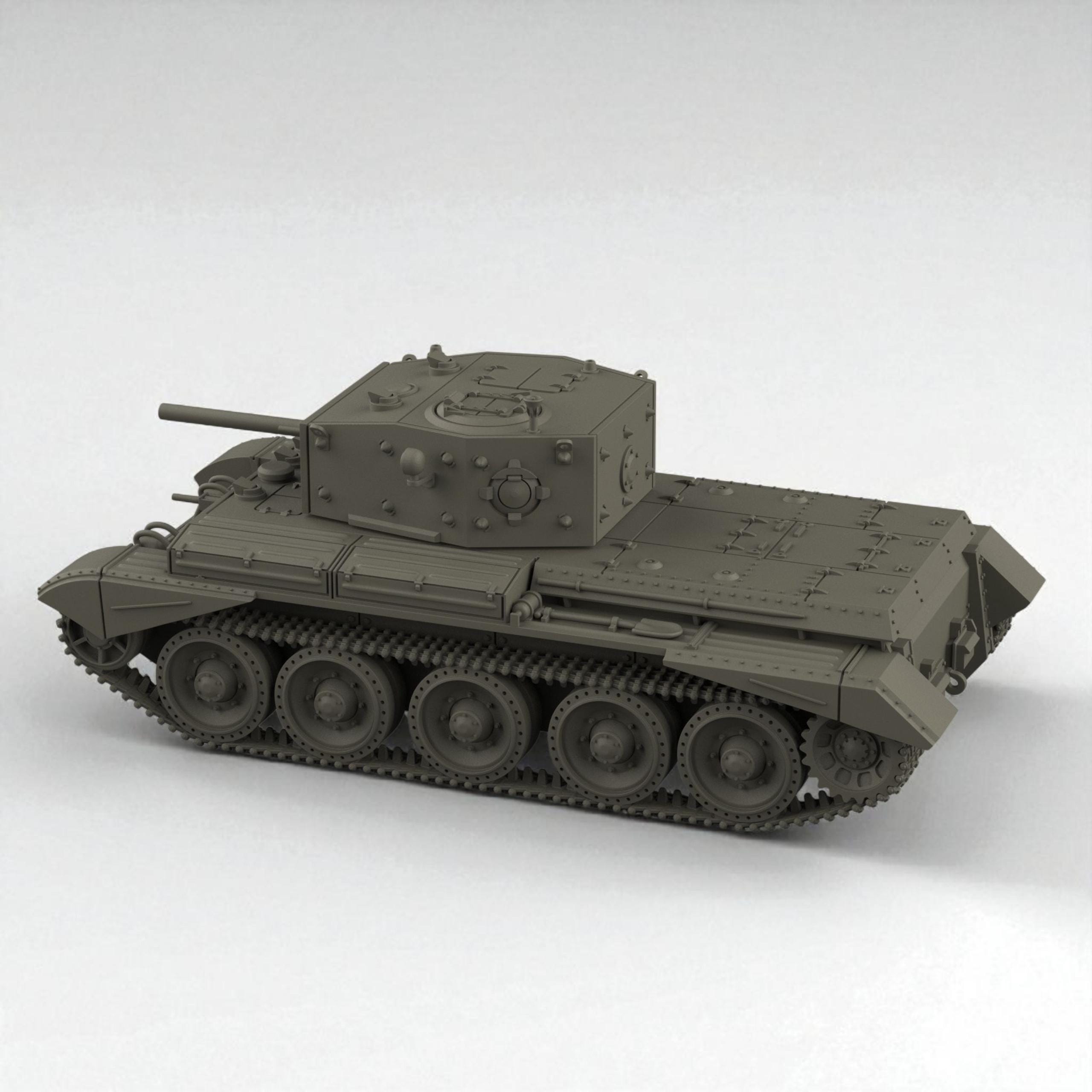 3D model of the British Cruiser Mk IV tank, featuring detailed armor plating, riveted turret, and six road wheels per side, shown in both matte dark and metallic silver finishes.
