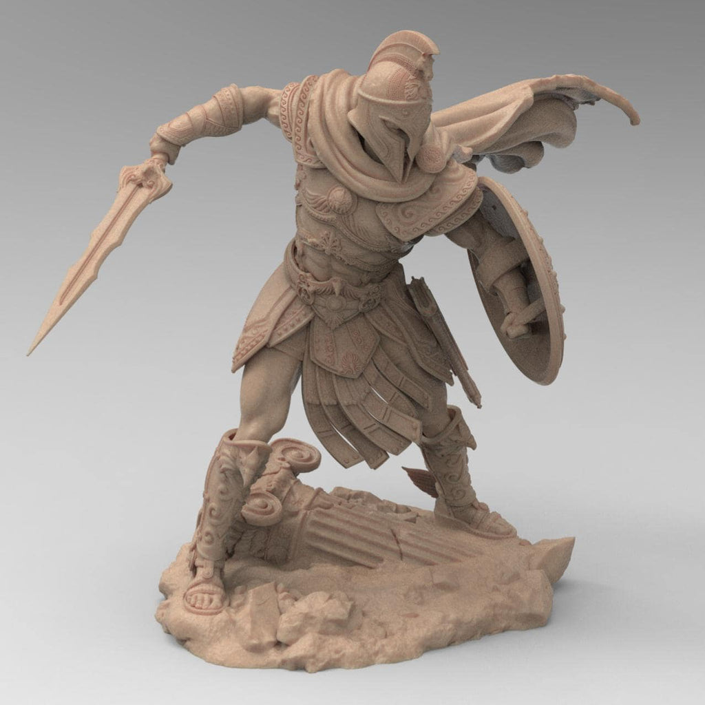 Detailed 3D-printed statue of Perseus in dynamic battle pose, holding a sword and shield, wearing intricately designed armor and a flowing cape, standing on a base with broken columns and rubble.