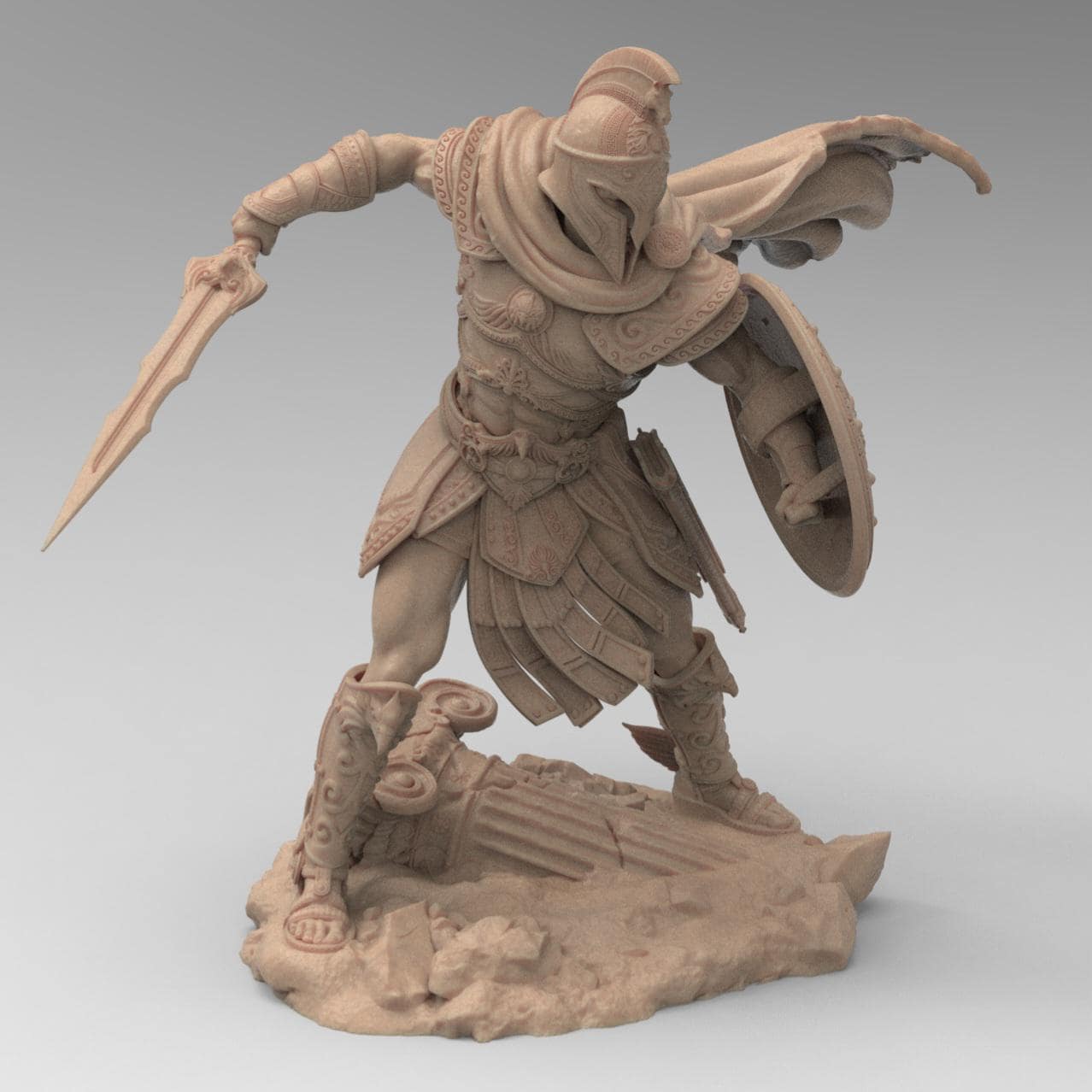 Detailed 3D-printed statue of Perseus in dynamic battle pose, holding a sword and shield, wearing intricately designed armor and a flowing cape, standing on a base with broken columns and rubble.
