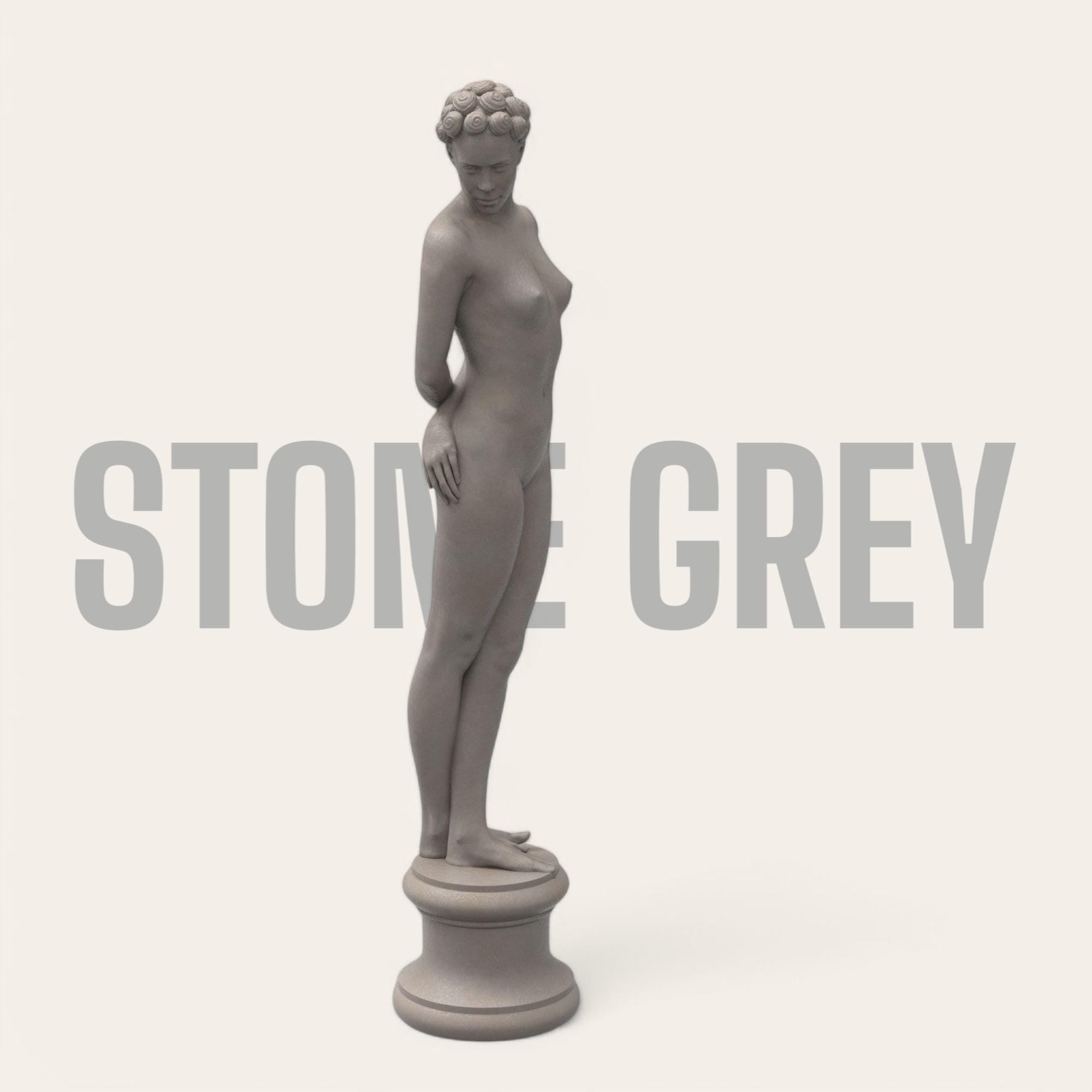 Elegant minimalist sculpture of a nude woman with vintage hair rollers, posed shyly on a round pedestal. “The Woman X” combines classical grace and modern rebellion in one striking collectible.